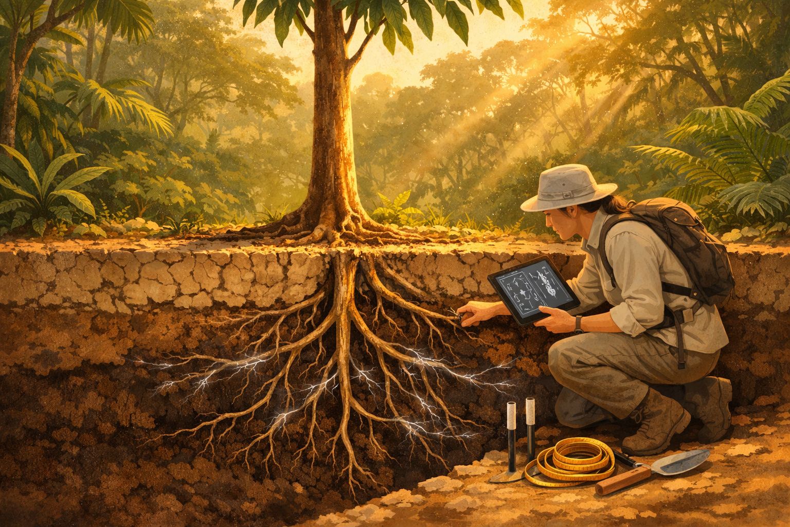 Explorador com tablet estuda raízes elétricas de árvore numa floresta iluminada pelo pôr do sol.