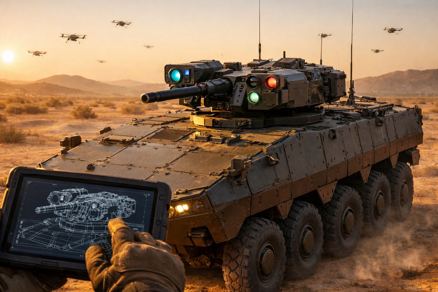 Veículo blindado futurista e drones voando, com controlo remoto digital em ambiente desértico ao pôr do sol.