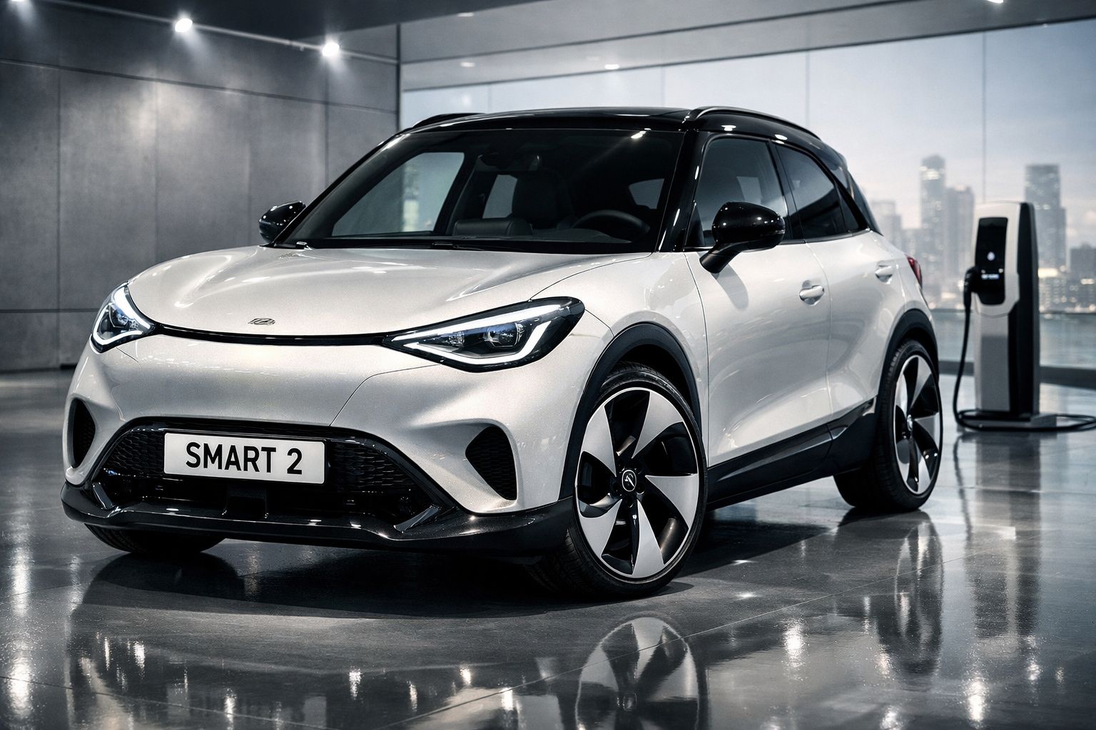 Carro elétrico branco e preto Smart 2 estacionado em showroom com carregador elétrico ao fundo.