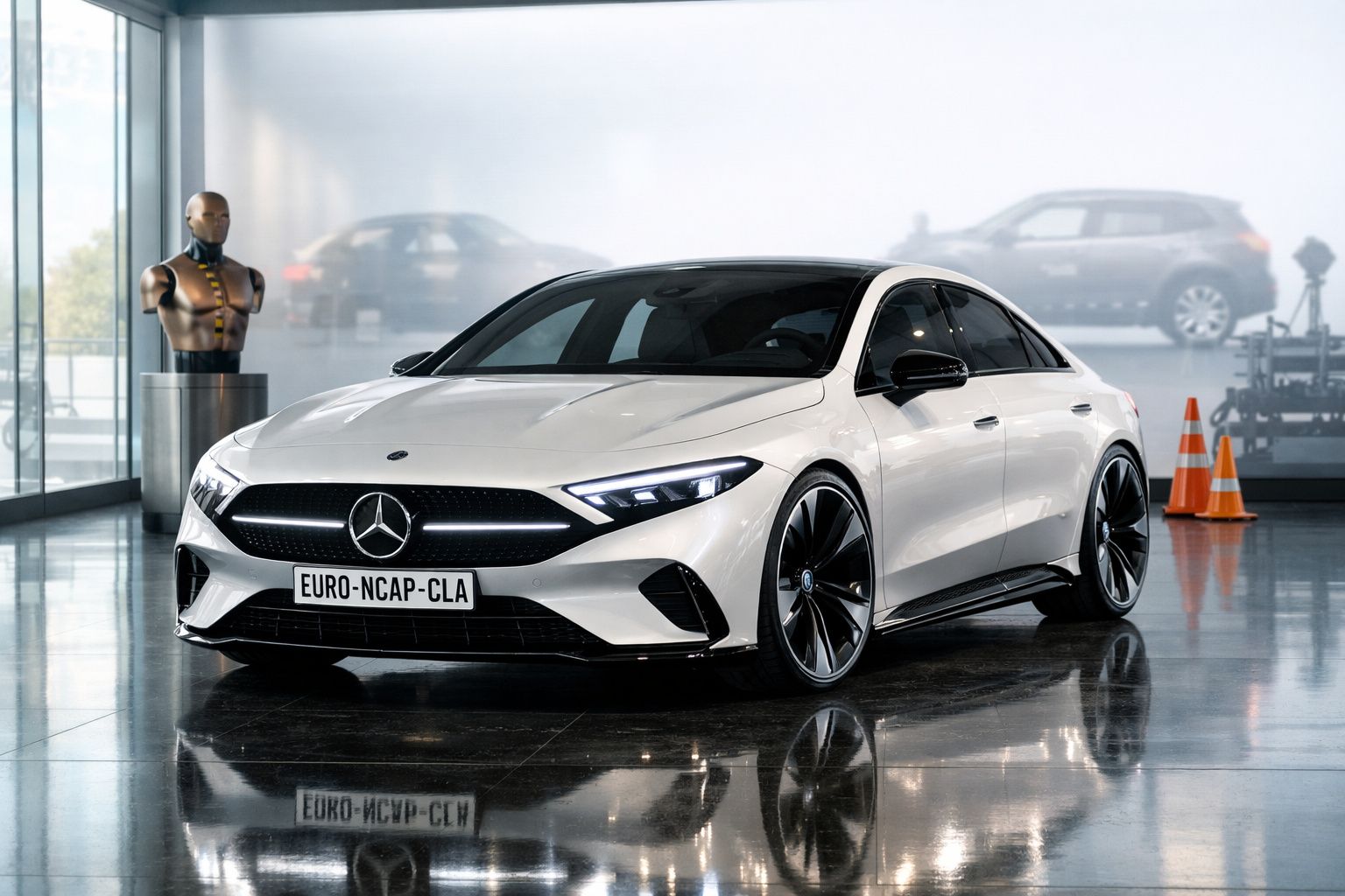 Carro branco Mercedes-Benz CLA estacionado em piso polido numa área de exposição com manequim para testes de colisão.
