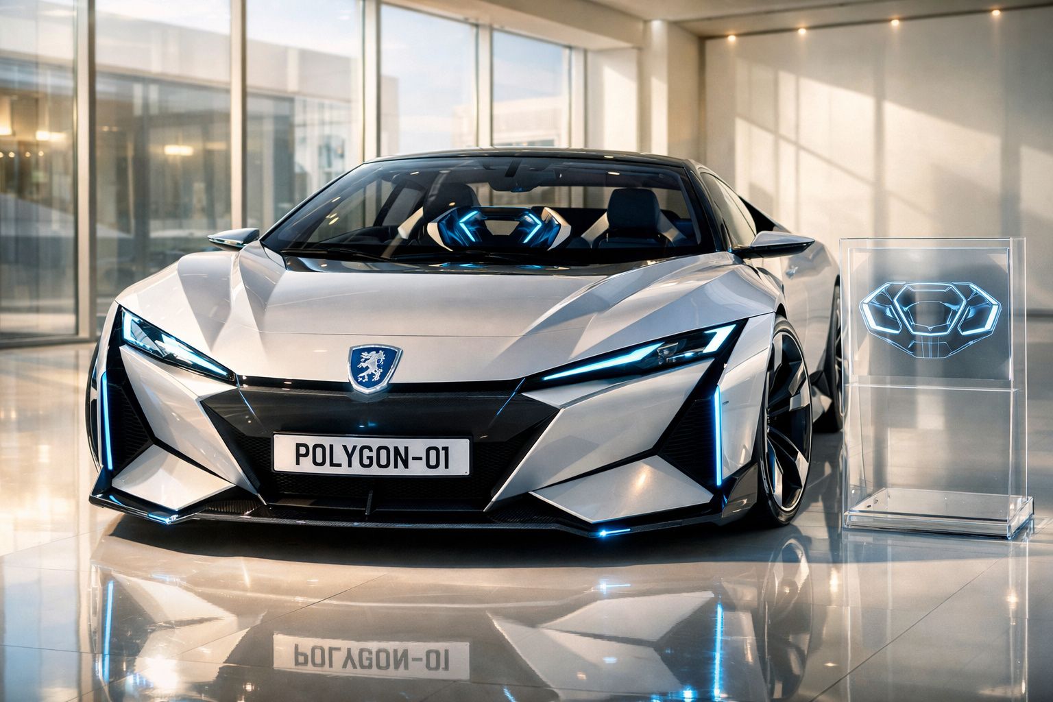 Carro elétrico desportivo futurista branco com luzes LED azuis e placa POLYGON-01 num espaço moderno.
