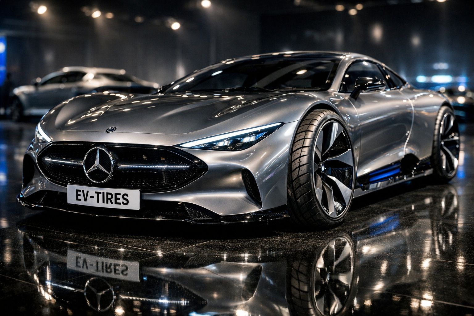 Carro elétrico Mercedes-Benz prateado com design aerodinâmico e pneus largos numa exposição moderna.