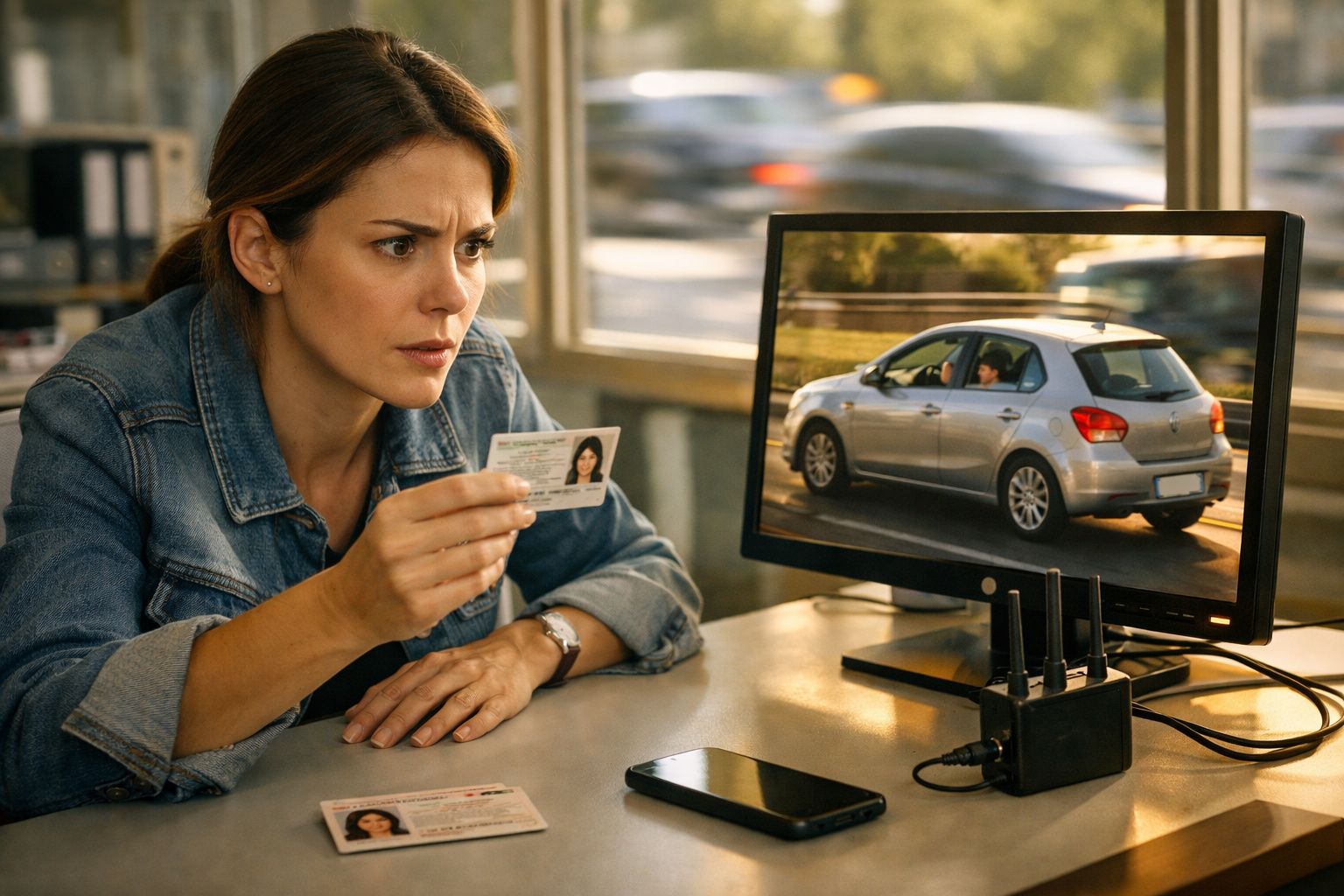 Mulher analisa cartão de cidadão enquanto observa um carro prata num monitor de vigilância.