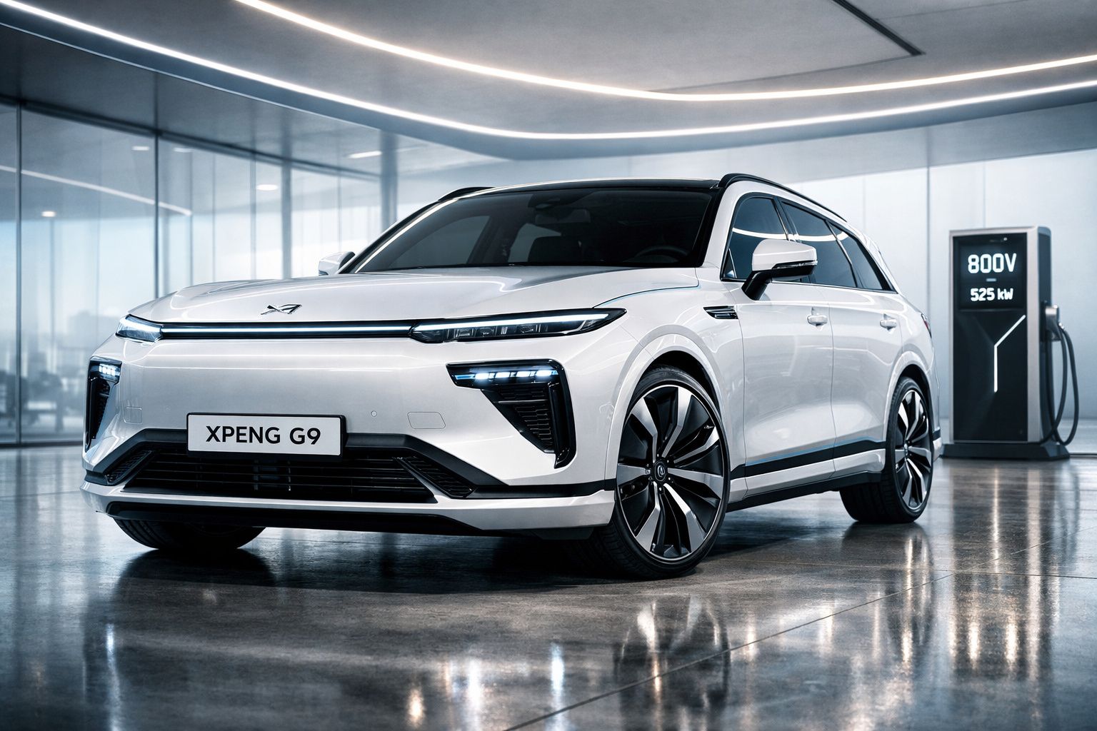 Carro elétrico branco XPeng G9 estacionado em interior moderno junto a posto de carregamento.