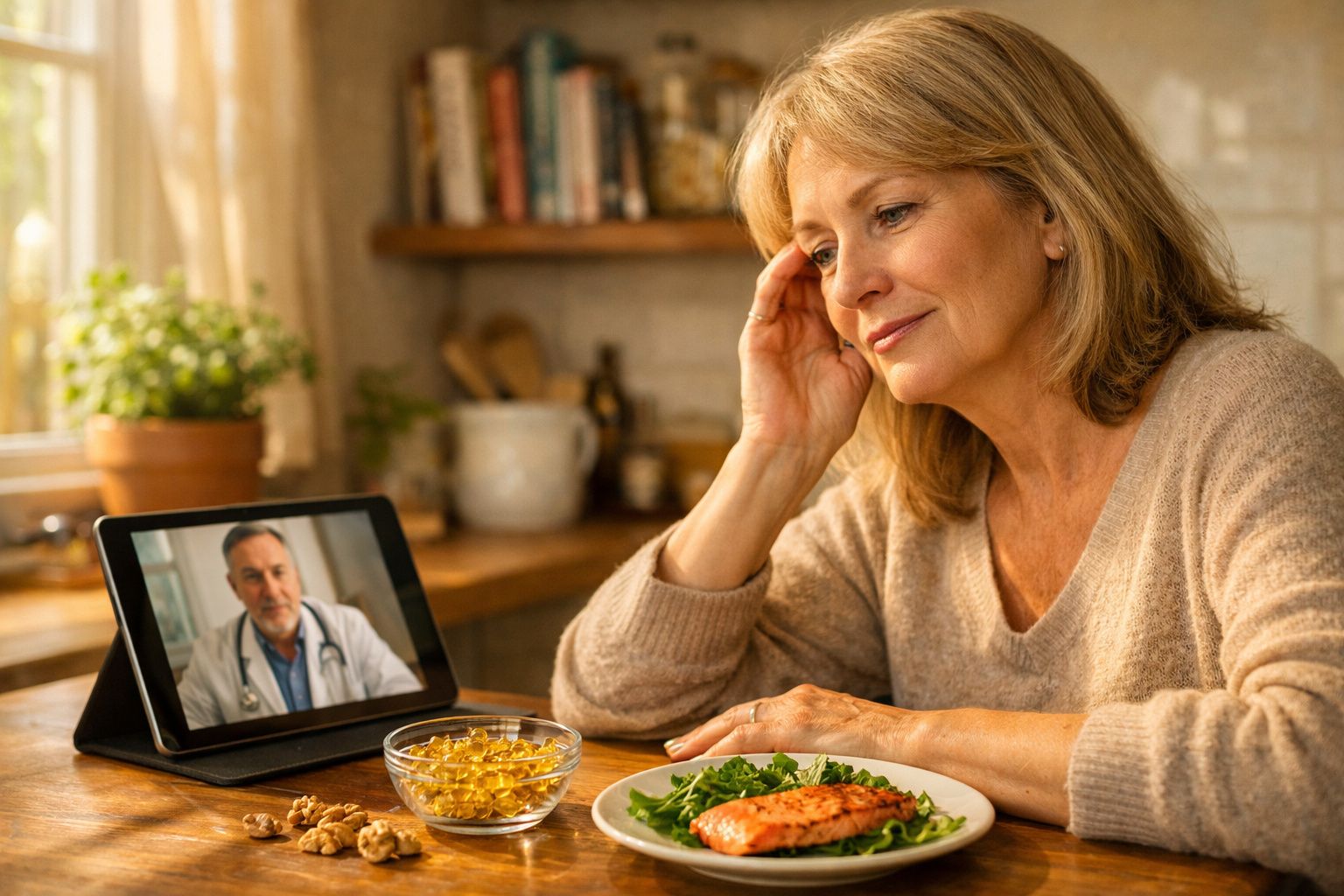 Mulher a fazer consulta médica por vídeo enquanto janta peixe e salada numa cozinha acolhedora.