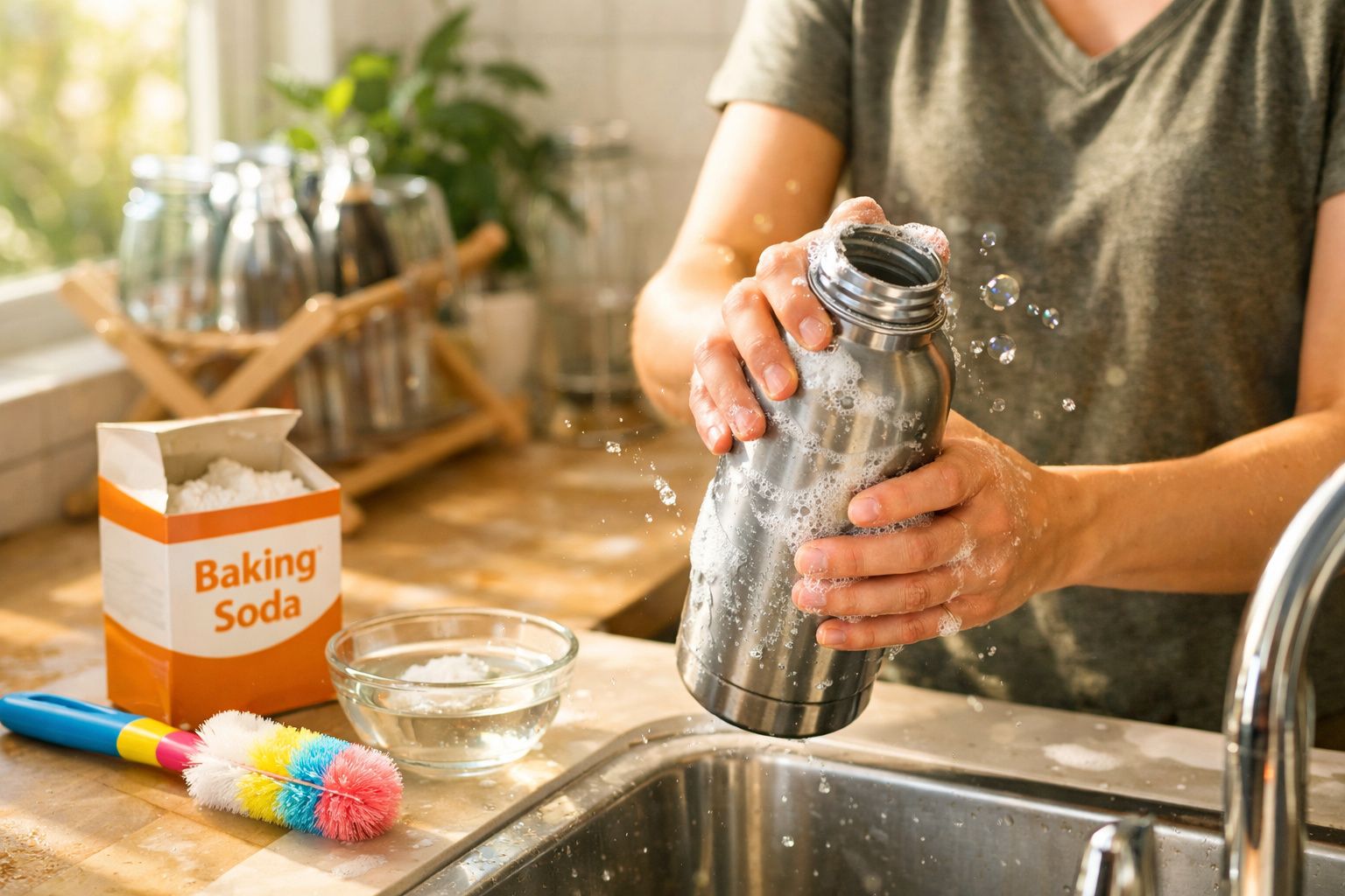 Pessoa a lavar uma garrafa metálica com escova colorida, bicarbonato de sódio e água na cozinha.