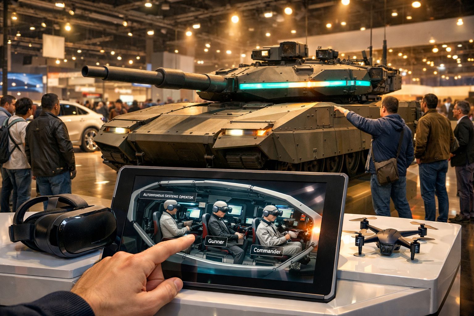 Tanque militar futurista numa exposição, com pessoas e ecrã digital a mostrar operadores virtuais em realidade aumentada.