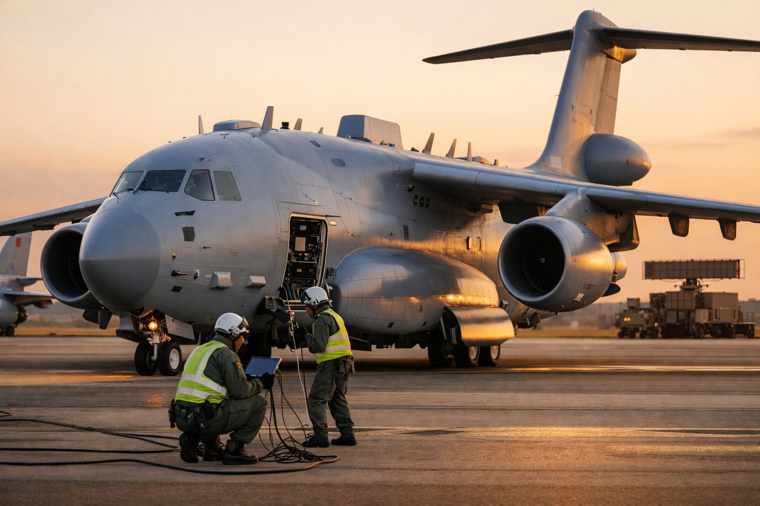 Dois técnicos com coletes refletivos inspecionam avião militar cinzento no início da manhã num aeroporto.