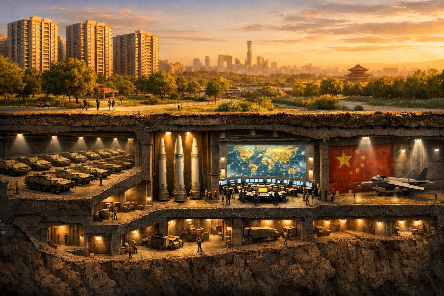 Complexo subterrâneo militar com mísseis, veículos e sala de controlo sob uma cidade ao pôr do sol na China.