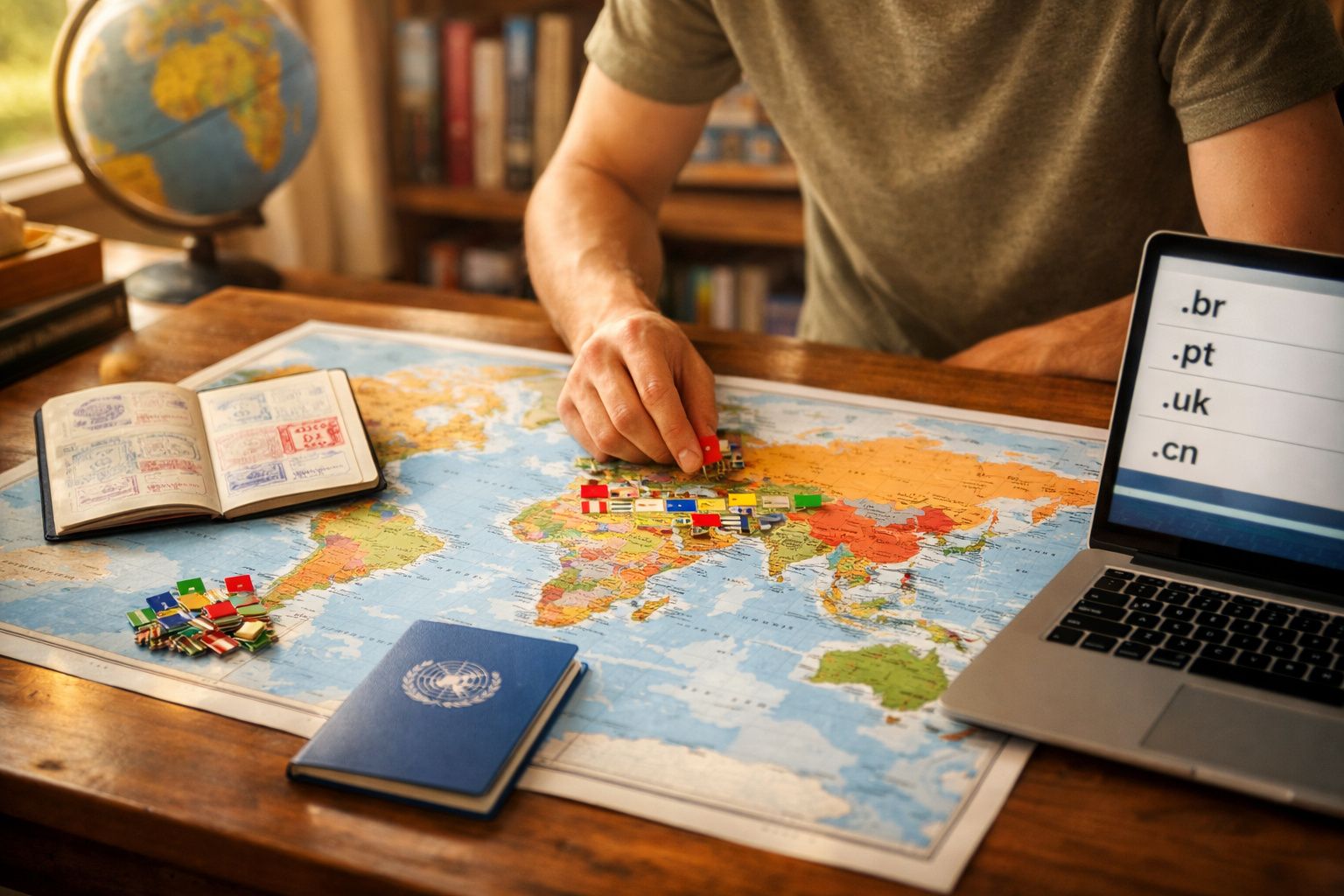 Pessoa marcando países numa mapa-múndi com bandeiras, passaporte, caderneta e computador portátil numa mesa.