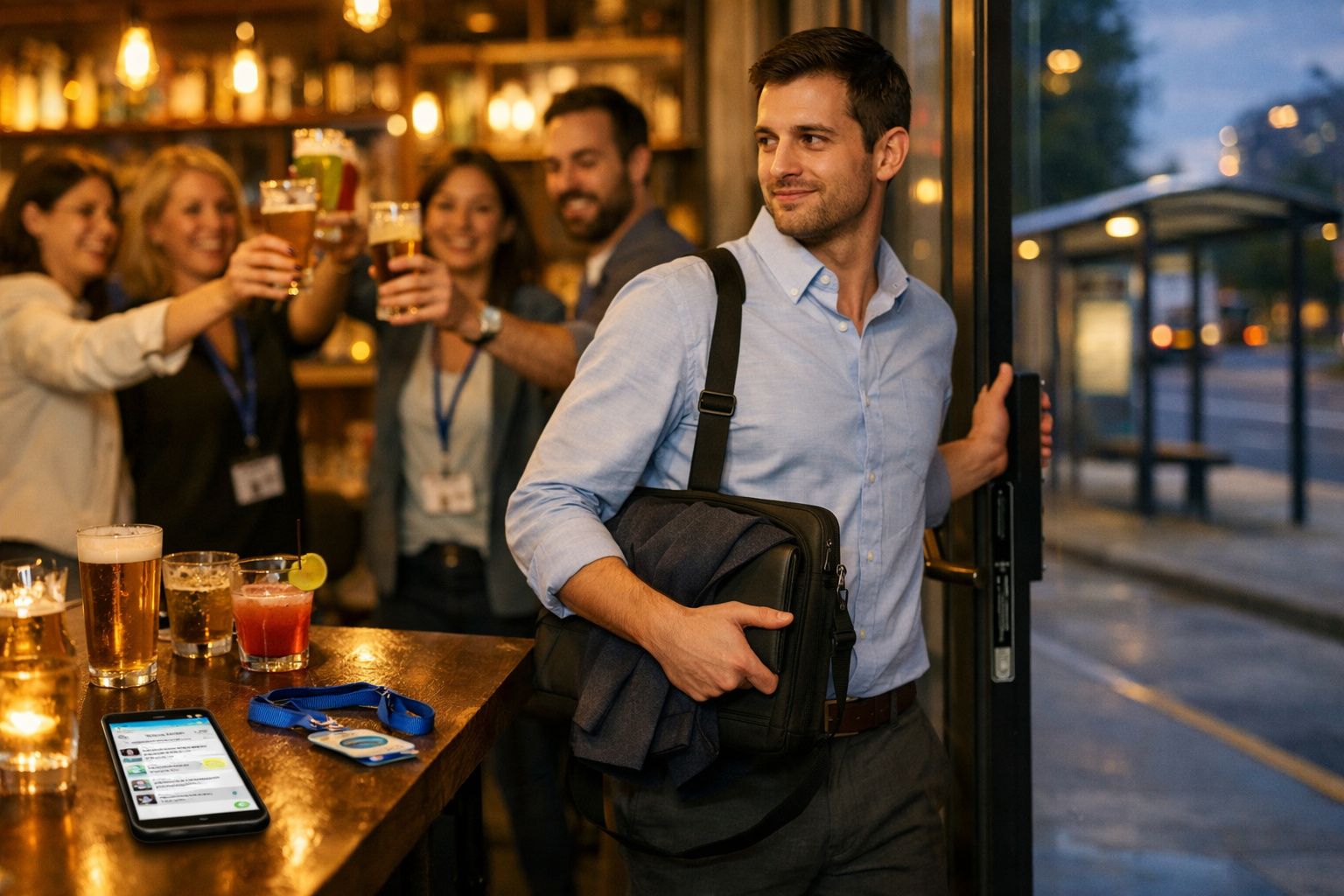 Homem de camisa azul a sair de bar onde grupo de colegas brinda com copos de cerveja.