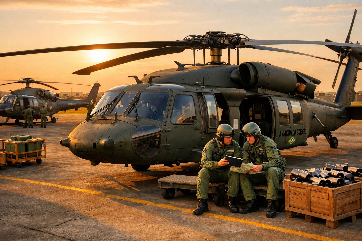 Helicóptero militar verde no pátio com dois soldados sentados a consultar mapa ao pôr do sol.