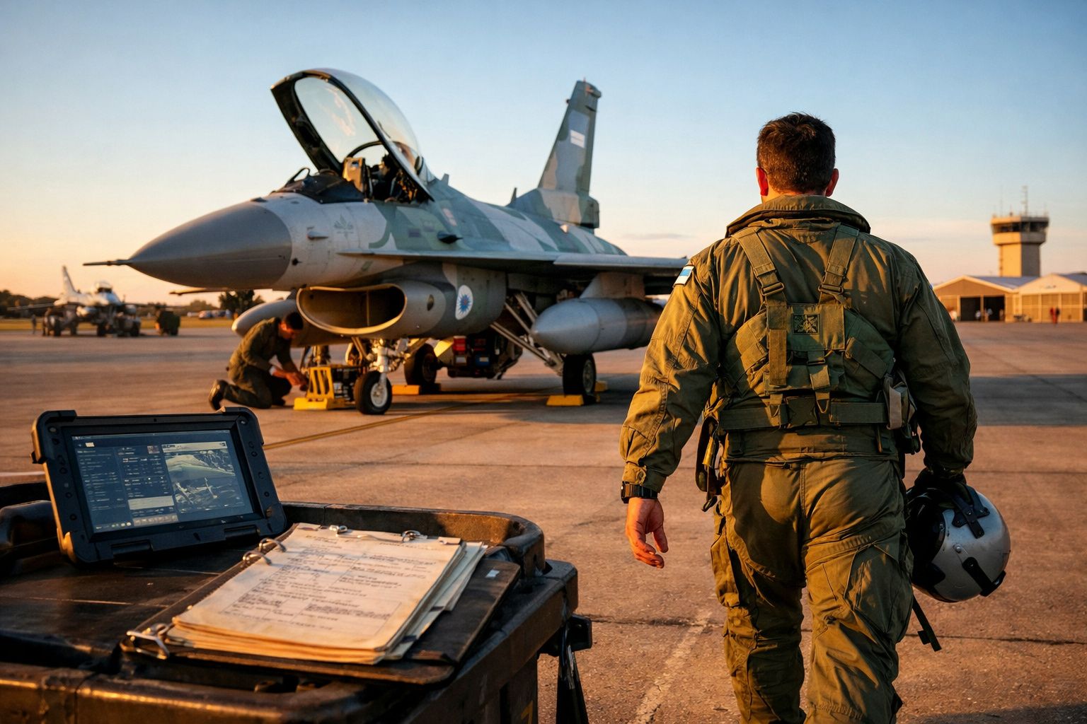 Piloto de caça a caminhar na pista junto a avião militar durante o pôr do sol num aeródromo.