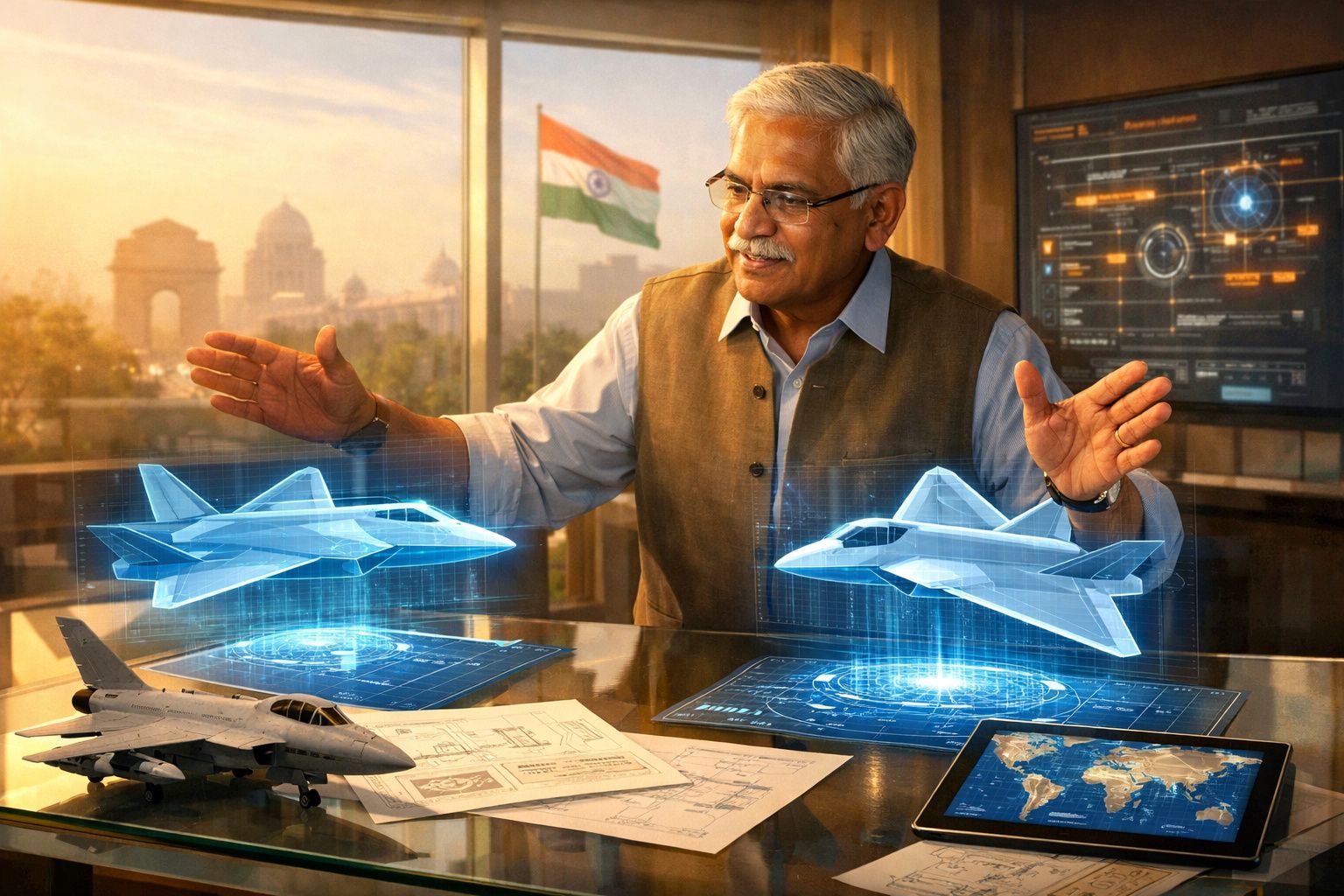 Homem indiano manipula hologramas de aviões de combate num escritório com bandeira da Índia ao fundo.