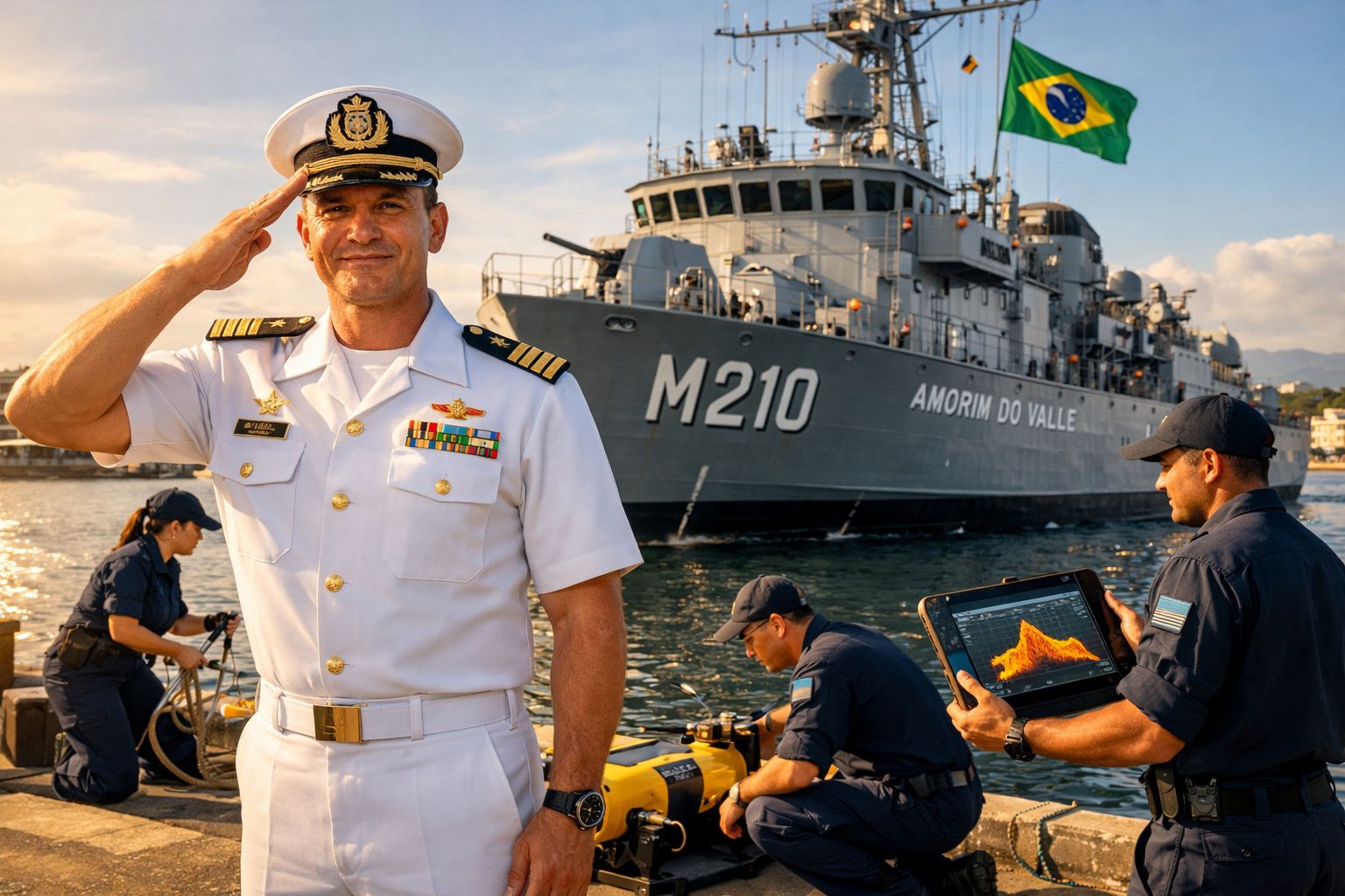Militar da marinha a saudação com navio brasileiro e tripulação a trabalhar no cais ao fundo.