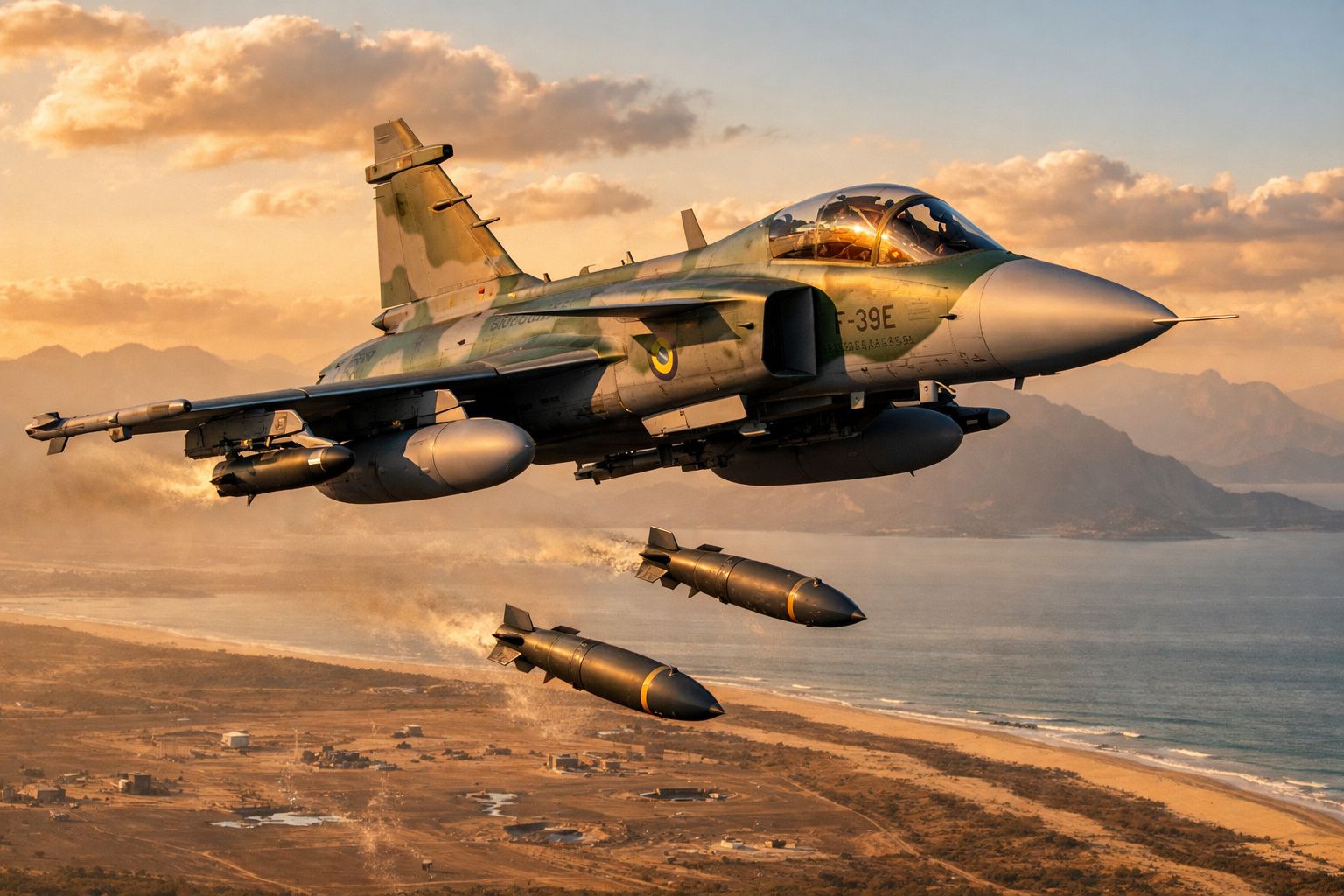 Caça militar a jato camuflado lançando mísseis sobre paisagem costeira ao pôr do sol.