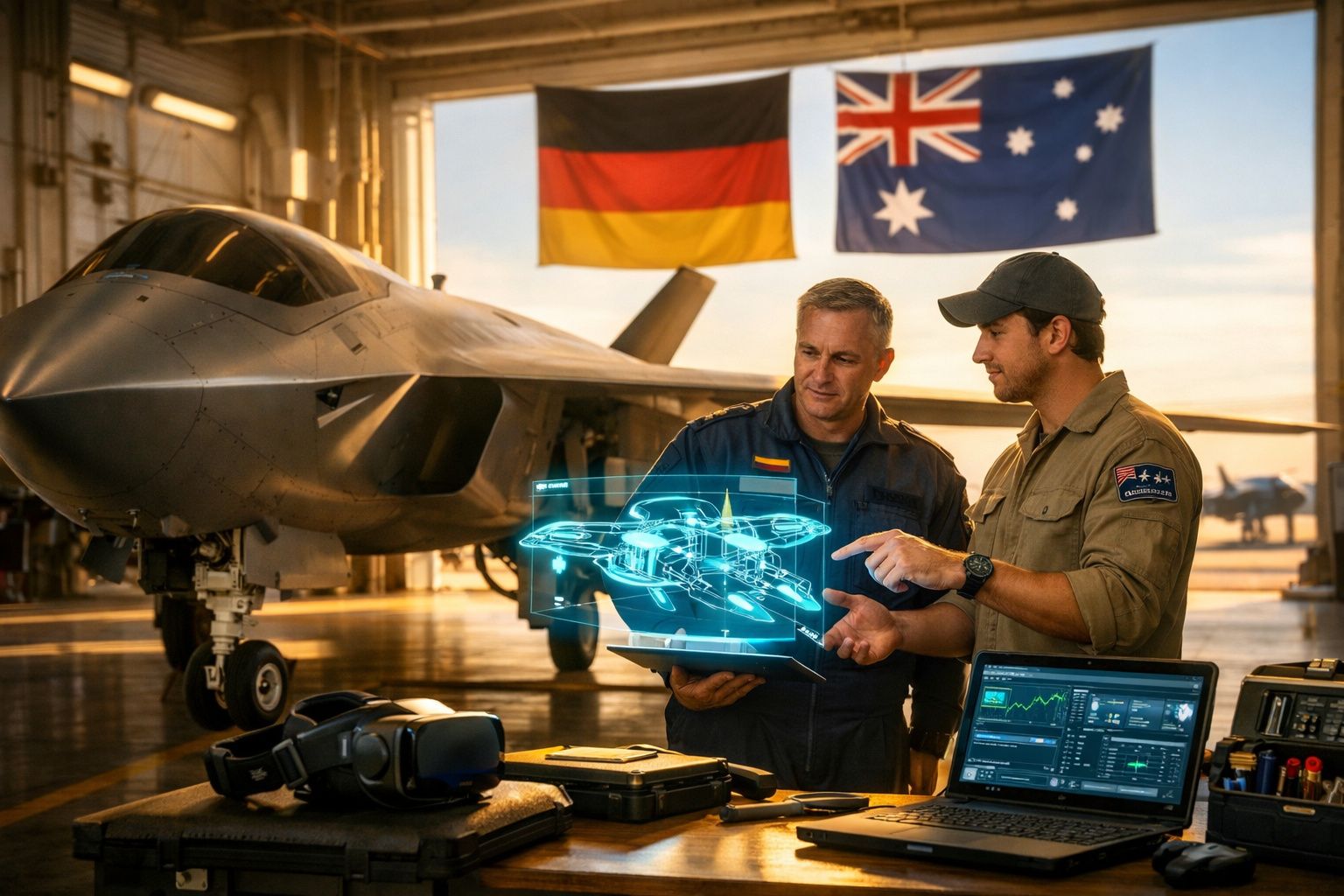 Dois militares analisam holograma de avião de combate num hangar, com bandeiras da Alemanha e Austrália ao fundo.