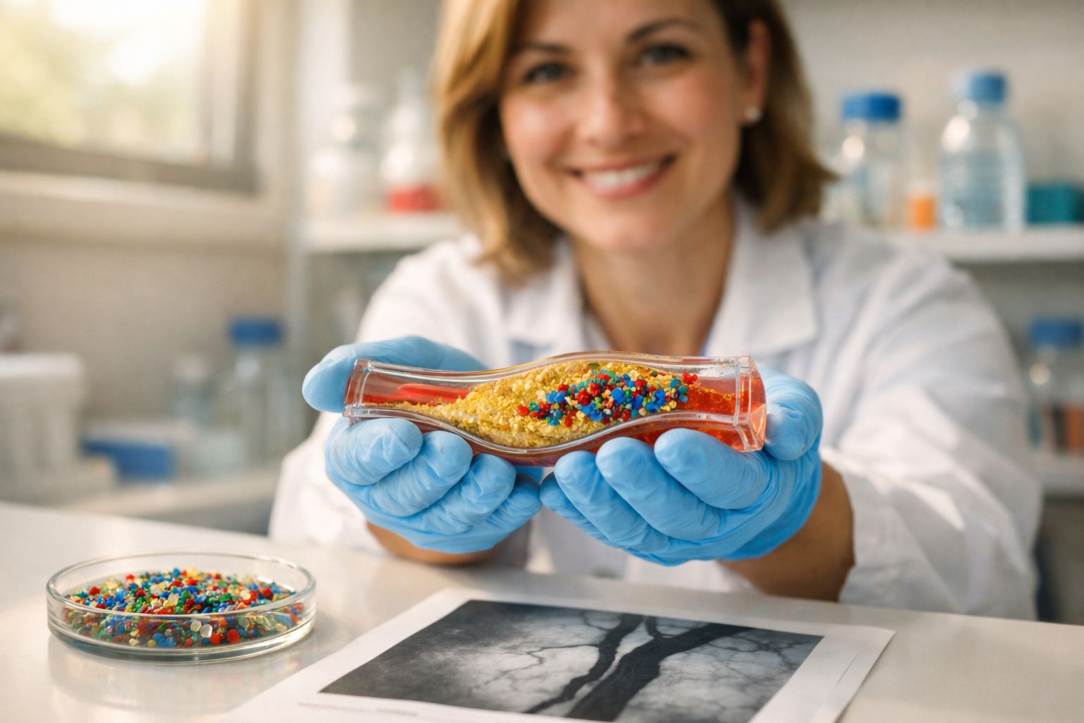 Mulher cientista com luvas azuis segura amostra colorida em laboratório moderno.