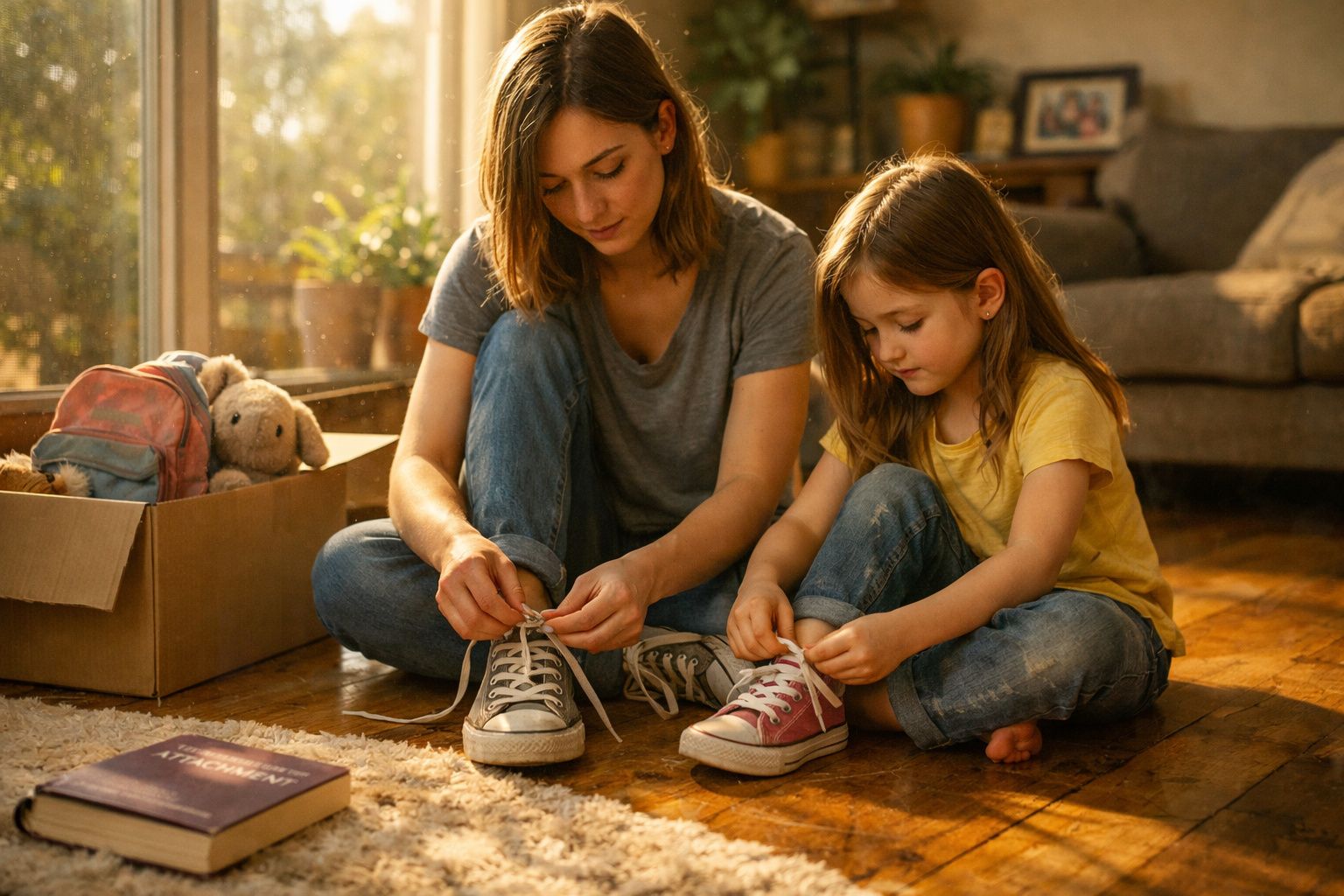 Mulher e menina sentadas no chão a calçar ténis numa sala iluminada pela luz natural.