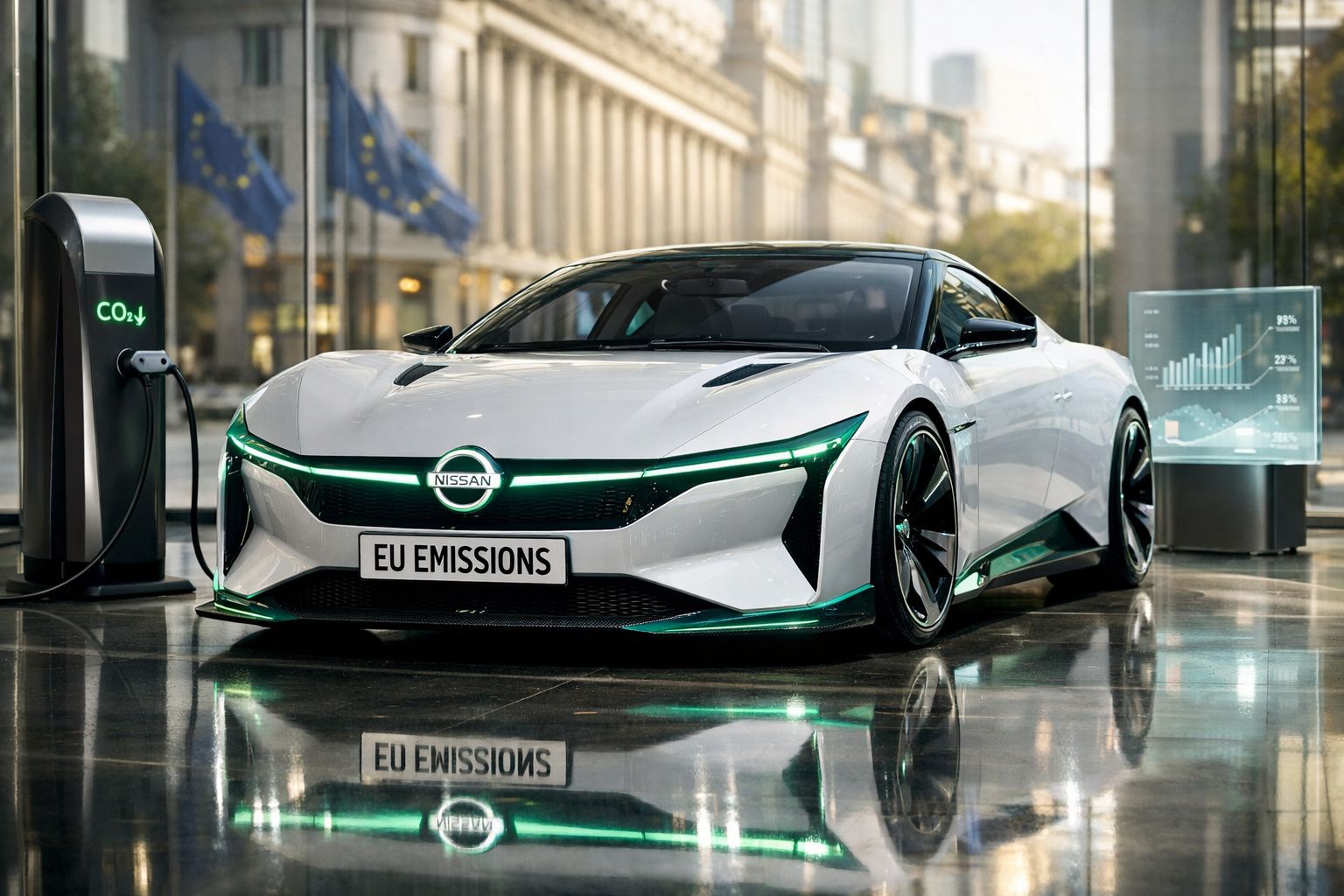 Carro elétrico desportivo branco da Nissan a carregar numa estação com gráficos de emissões ao fundo.
