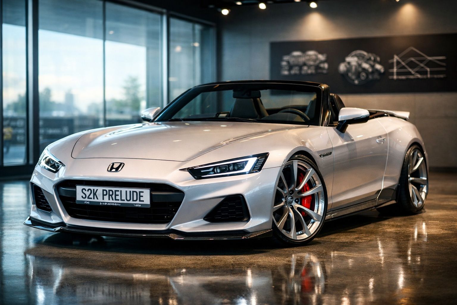 Carro conversível Honda Prelude prata estacionado em interior moderno com jantes grandes e pinças de travão vermelhas.