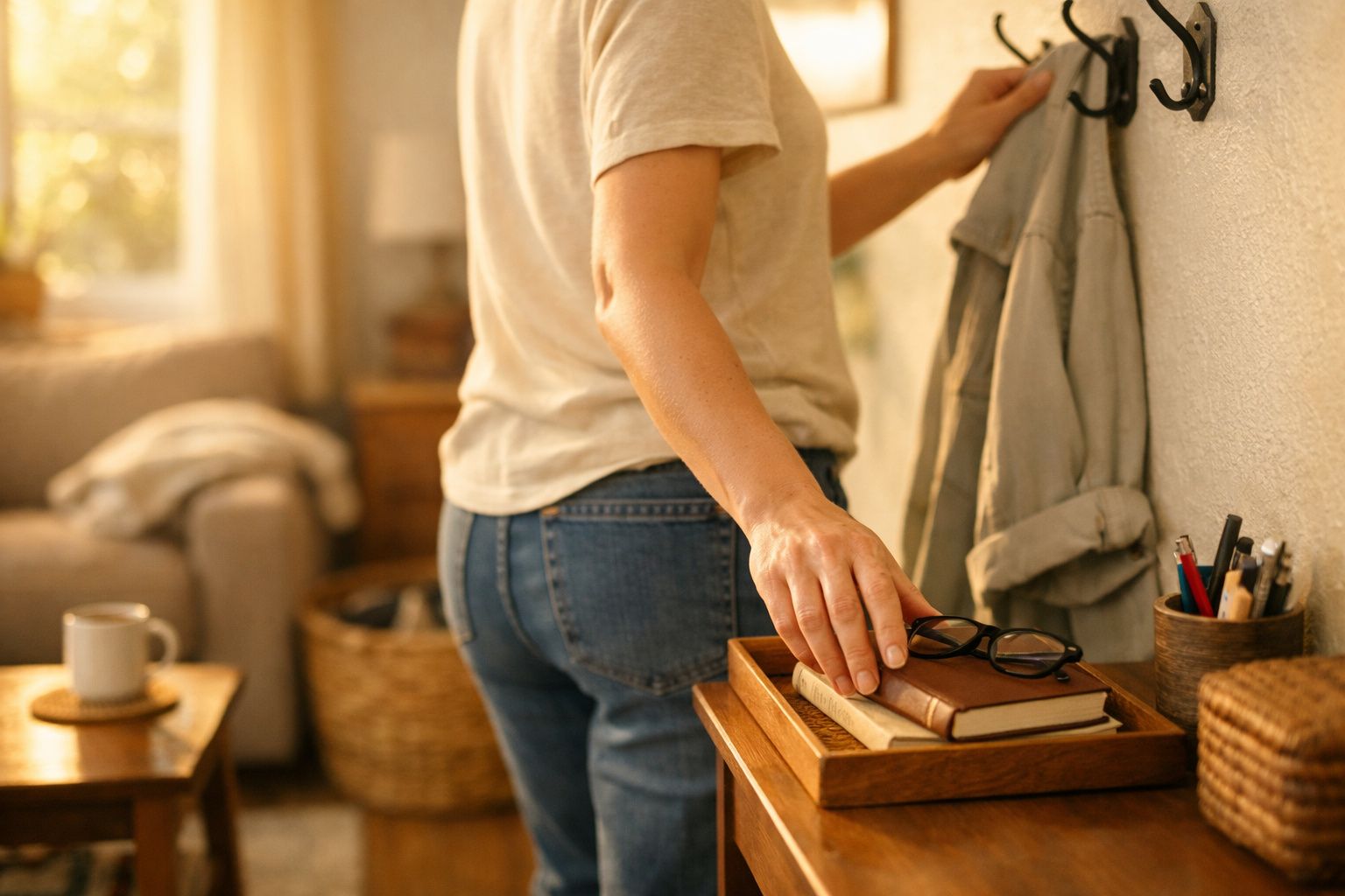Pessoa a guardar óculos sobre livros numa mesa de entrada com casaco pendurado numa parede.