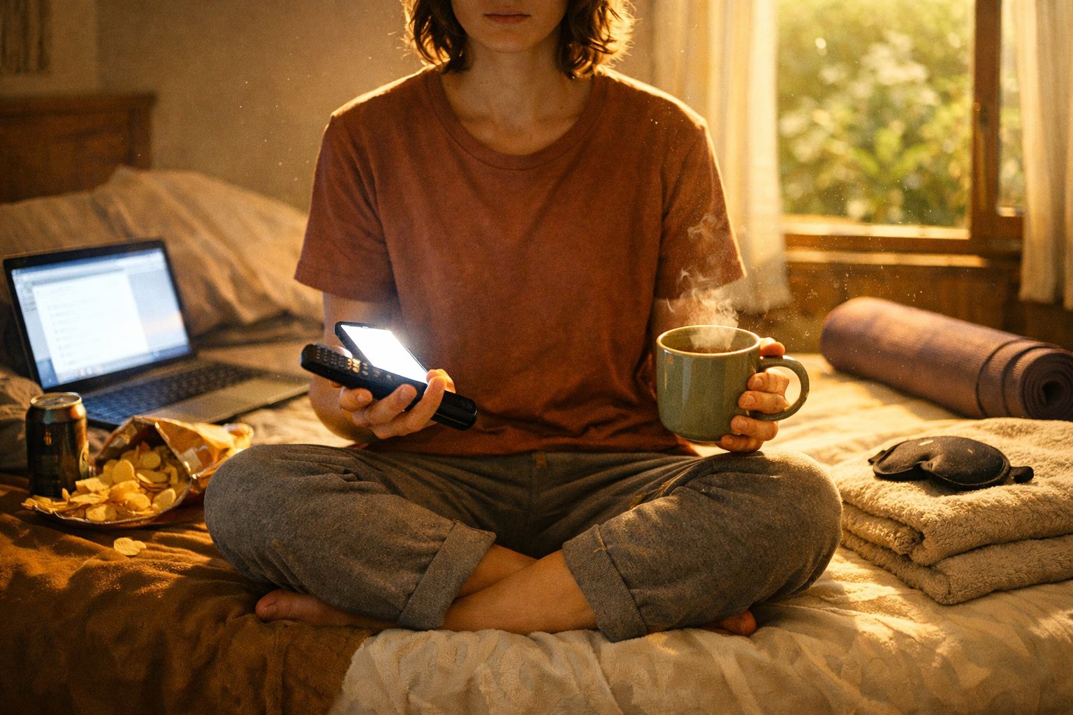 Pessoa sentada de pernas cruzadas na cama, segurando comando e caneca de bebida quente, com laptop e snacks ao lado.