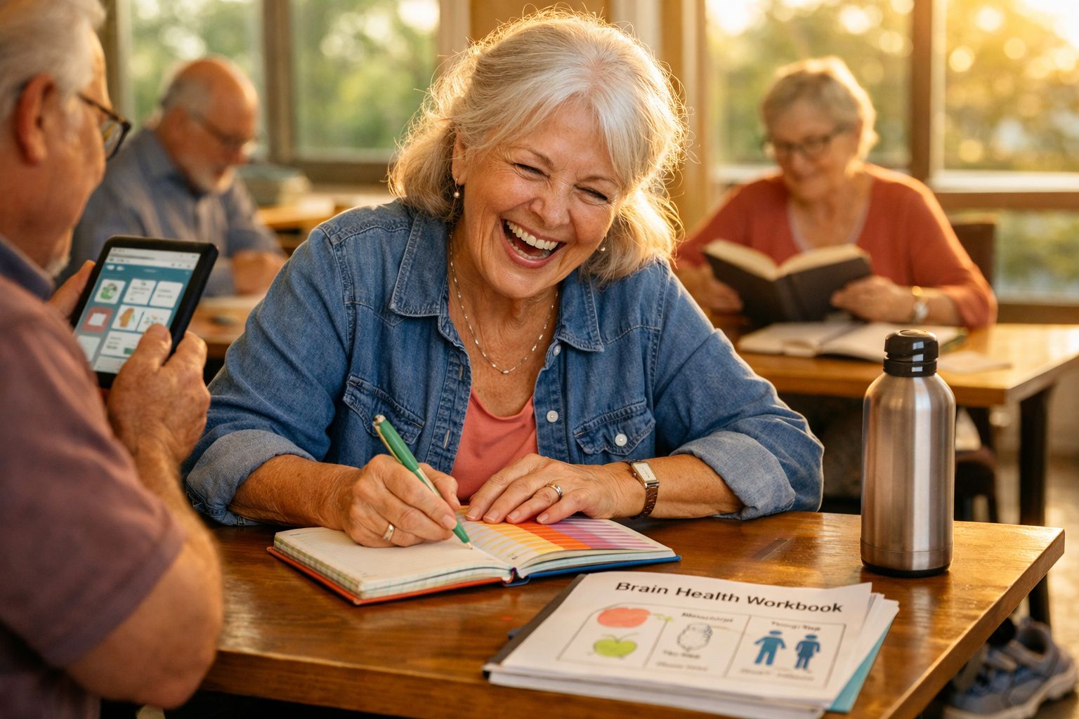 Idosa sorridente a escrever num caderno colorido numa aula com outras pessoas idosas.