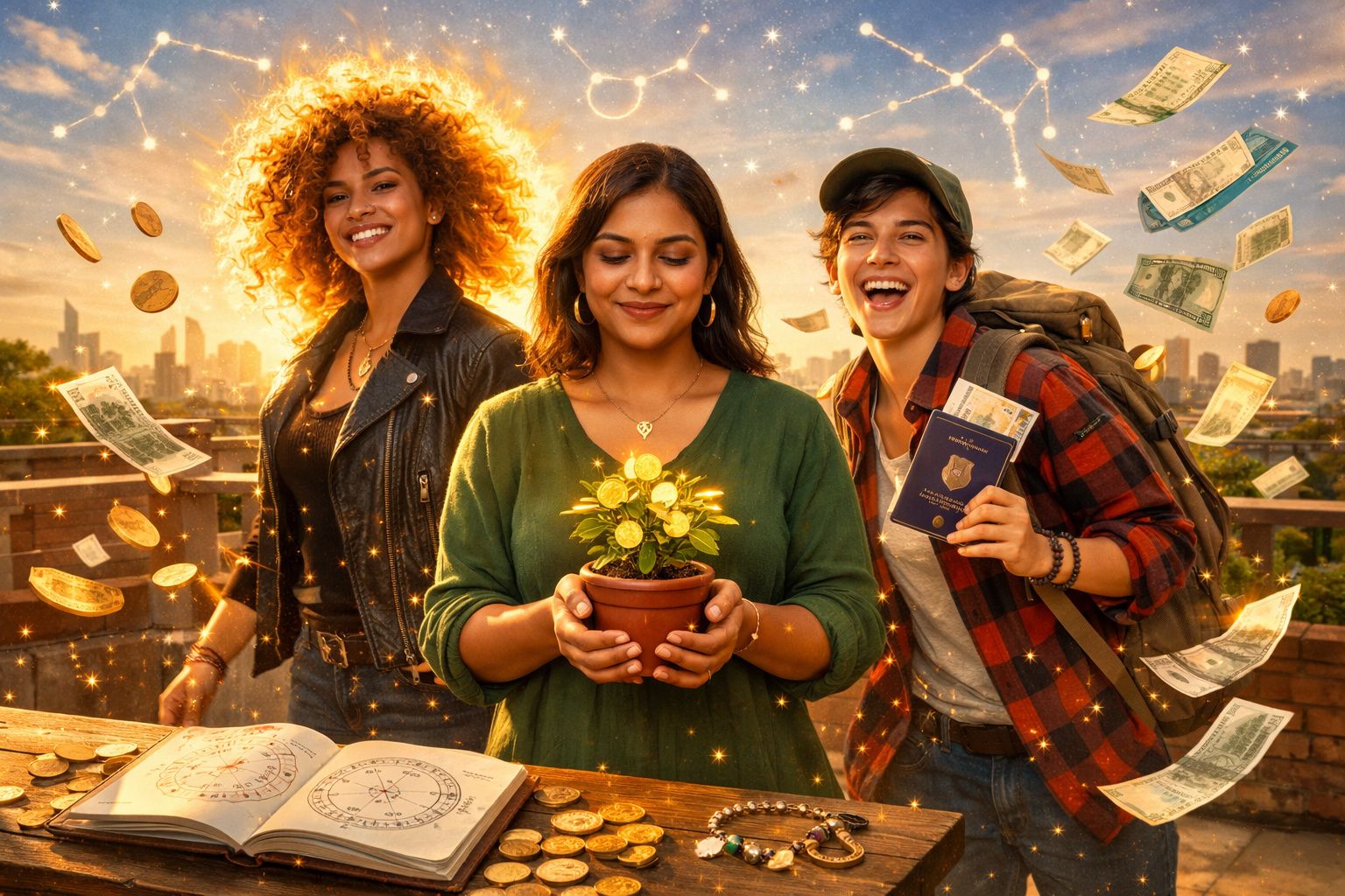 Três mulheres sorridentes com moedas, notas, um livro de astrologia e planta com moedas douradas, céu com constelações.