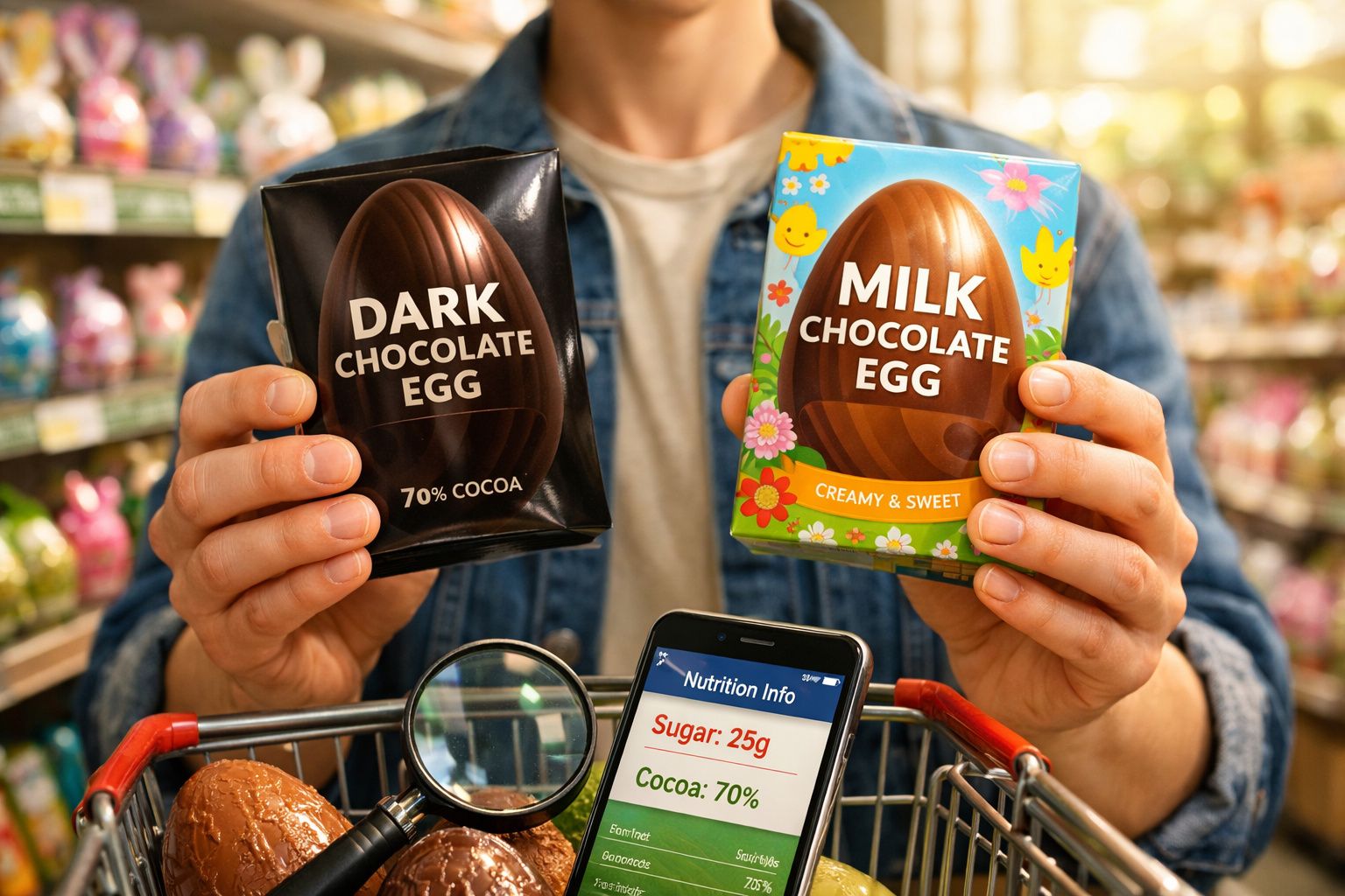 Pessoa segura ovos de chocolate preto e de chocolate de leite em supermercado.