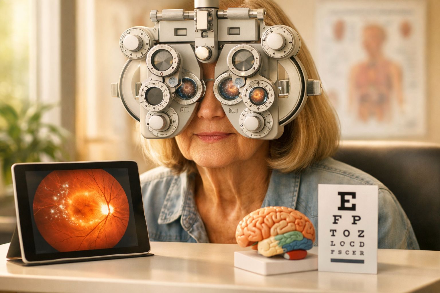 Mulher sénior a realizar exame visual com dispositivo oftalmológico, imagem retiniana e modelo de cérebro sobre mesa.