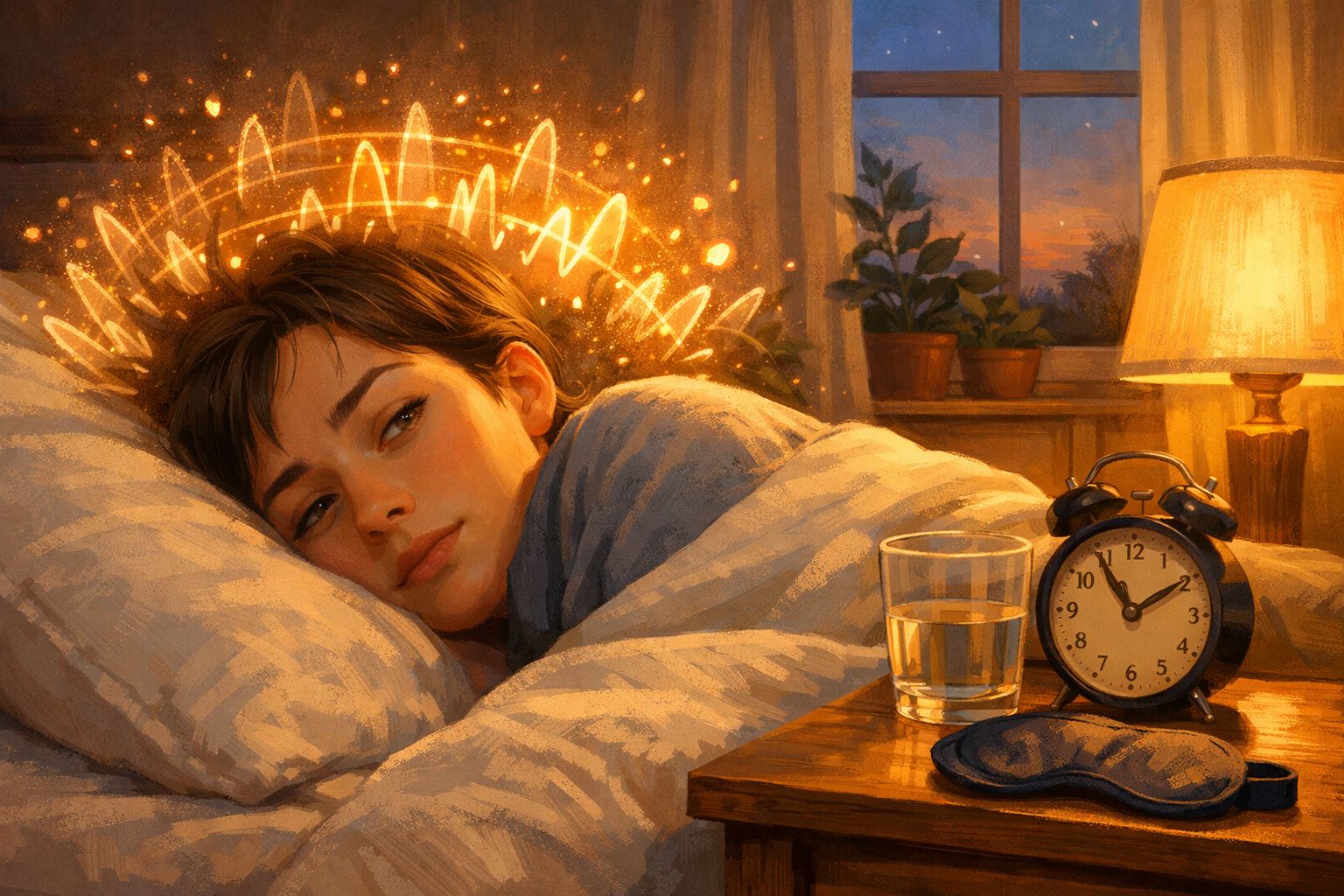 Pessoa deitada na cama com luzes ao redor da cabeça, despertador e copo de água na mesa ao lado.