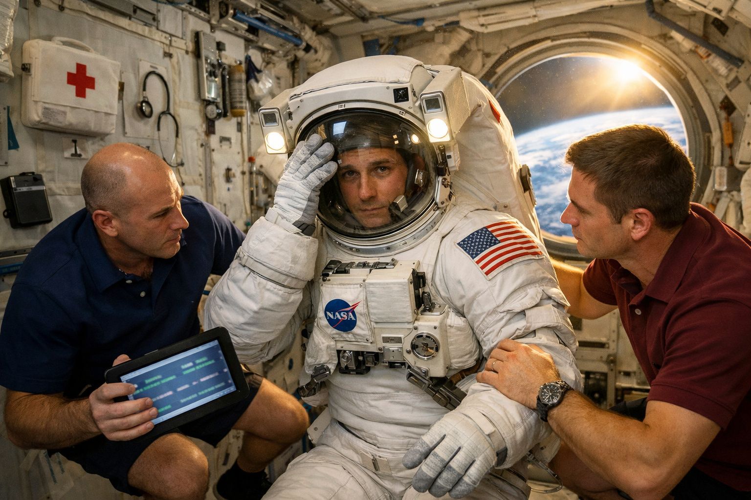 Astronauta na estação espacial a vestir fato espacial, assistido por dois colegas com tablet e vista da Terra na janela.