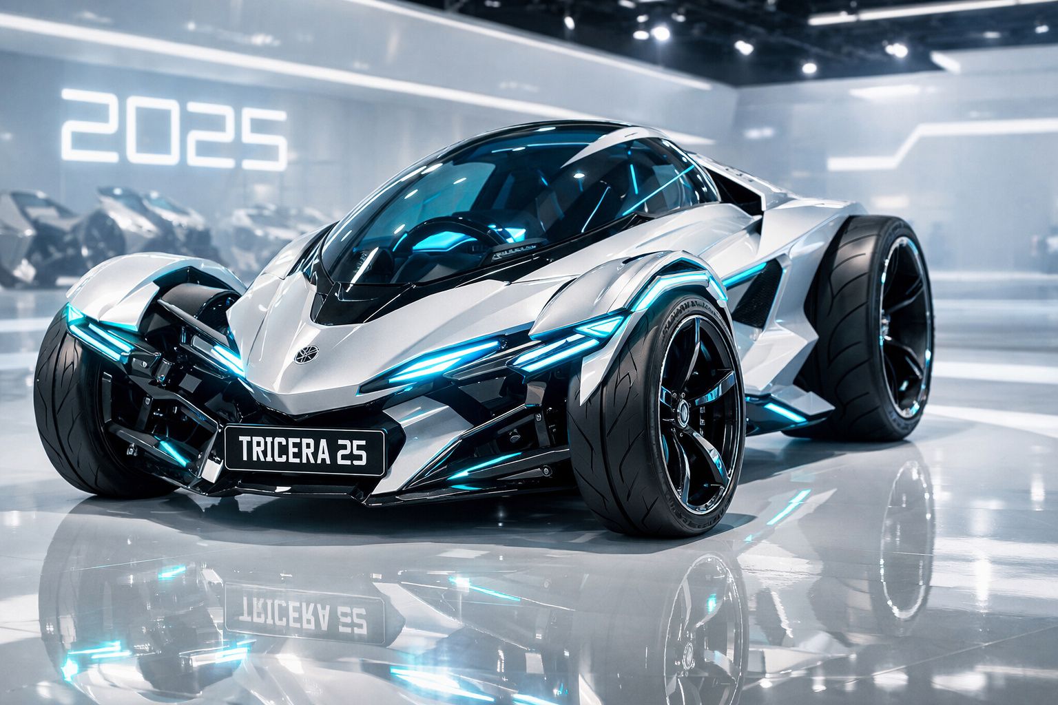 Carro desportivo futurista branco com luzes azuis, pneus largos e ambiente moderno com "2025" no fundo.