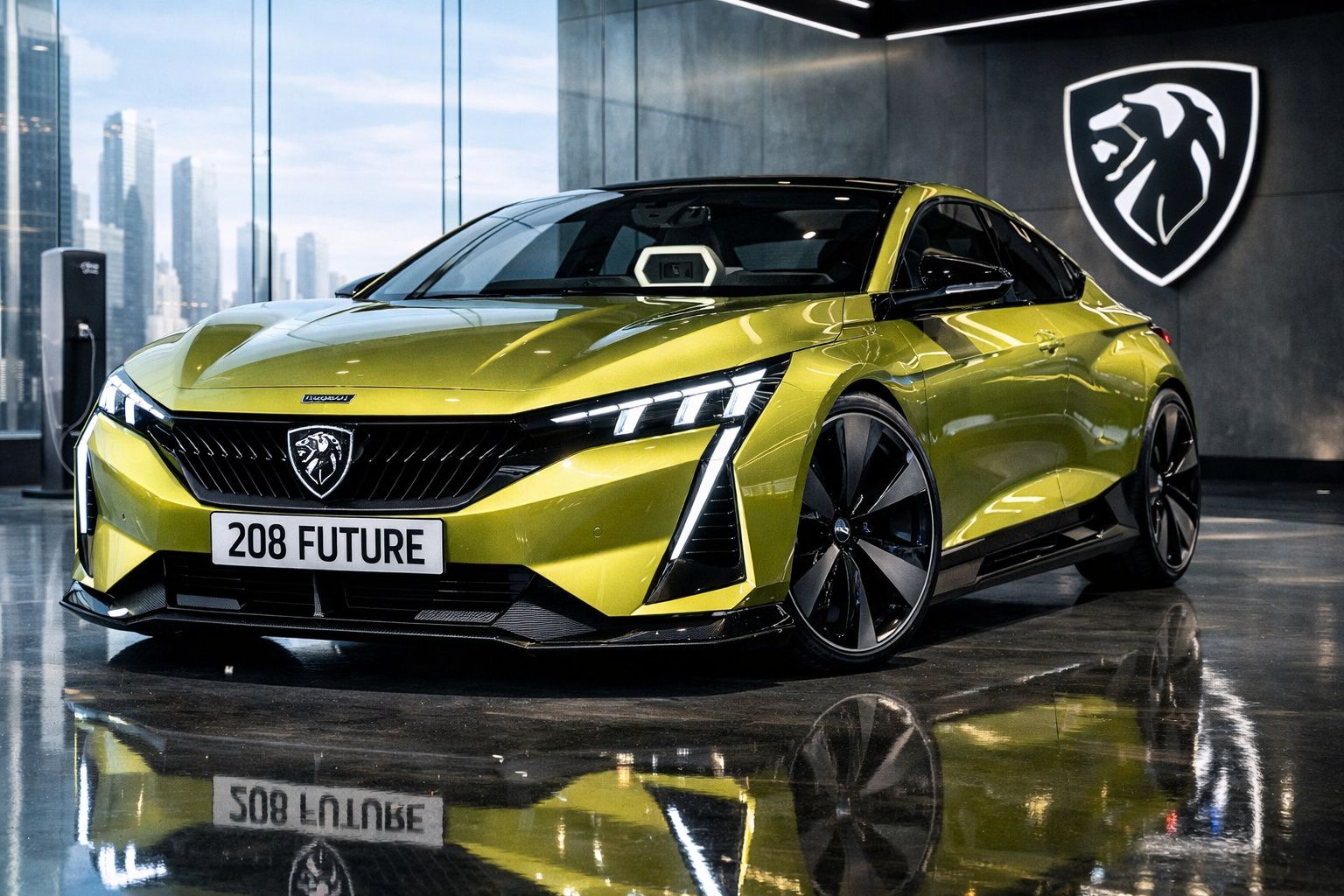 Carro desportivo amarelo Peugeot 208 Future estacionado em showroom moderno com logo da marca ao fundo.