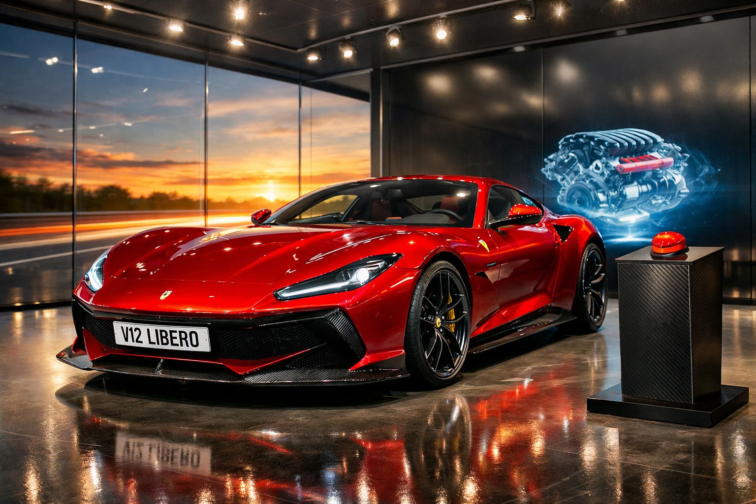 Carro desportivo vermelho Ferrari em exposição com motor iluminado ao fundo e botão vermelho em pedestal.