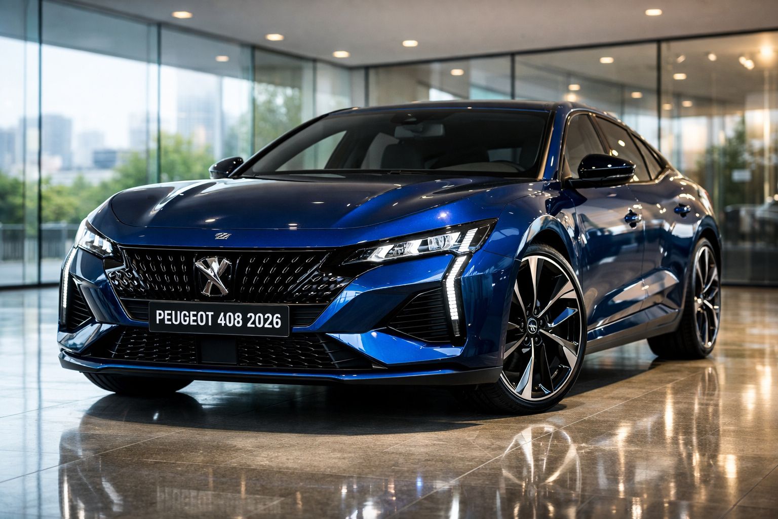 Peugeot 408 2026 azul metálico estacionado em ambiente interior moderno com pavimento refletor.