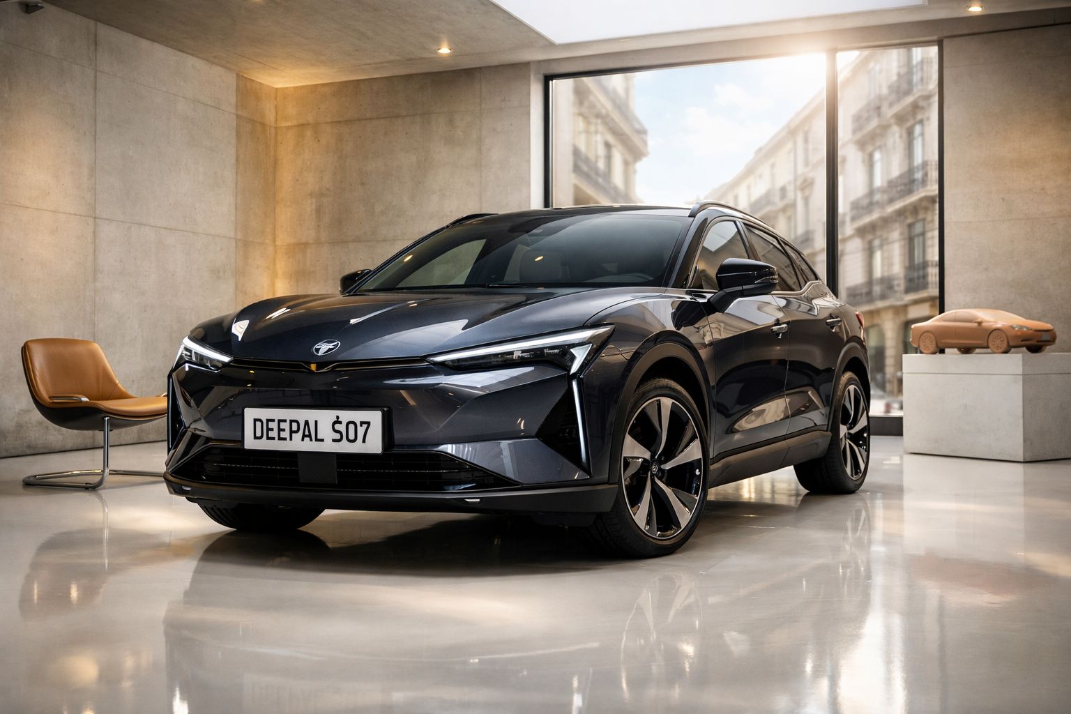 Carro elétrico preto Deepal S07 exibido numa sala moderna com cadeira castanha e janela ampla.
