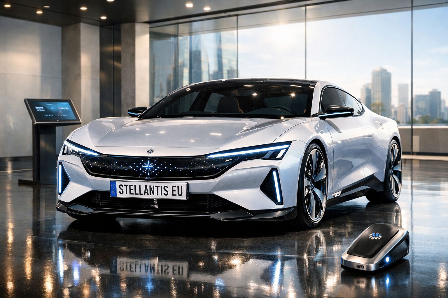 Automóvel elétrico branco moderno estacionado num espaço interior sofisticado com piso refletor.