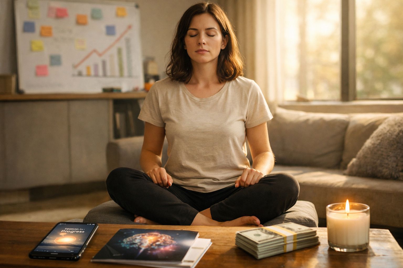Mulher sentada em posição de meditação em sala com vela, montes de dinheiro e smartphone numa mesa à frente.