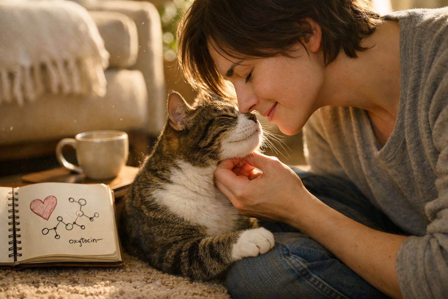 Mulher acaricia e encosta o nariz num gato num ambiente confortável com desenho de oxitocina num caderno.