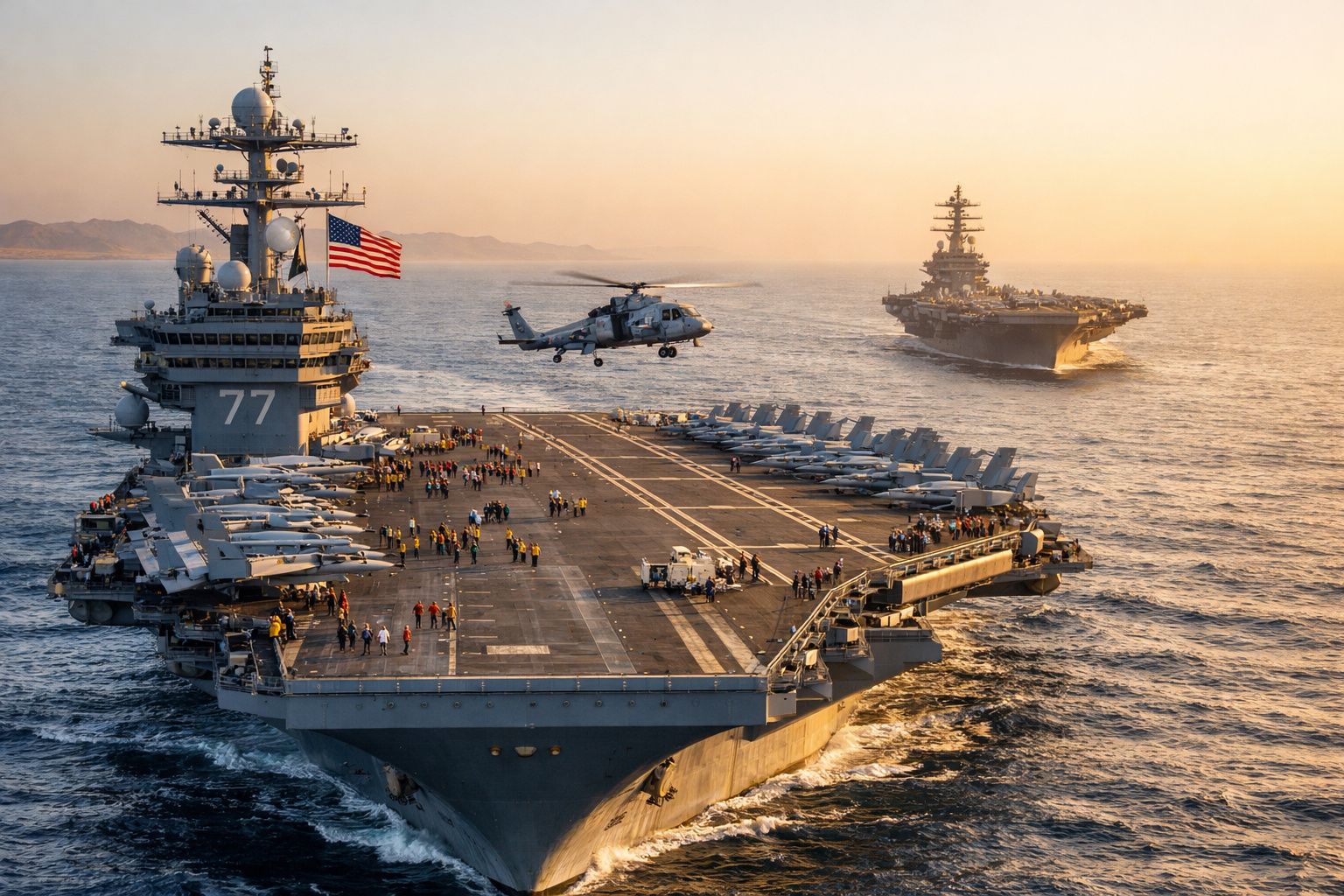 Porta-aviões militar dos Estados Unidos com avião e helicóptero em mar calmo ao pôr do sol.