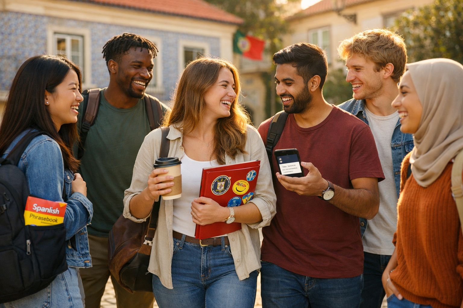 Grupo multicultural de estudantes felizes a conversar ao ar livre num campus universitário.