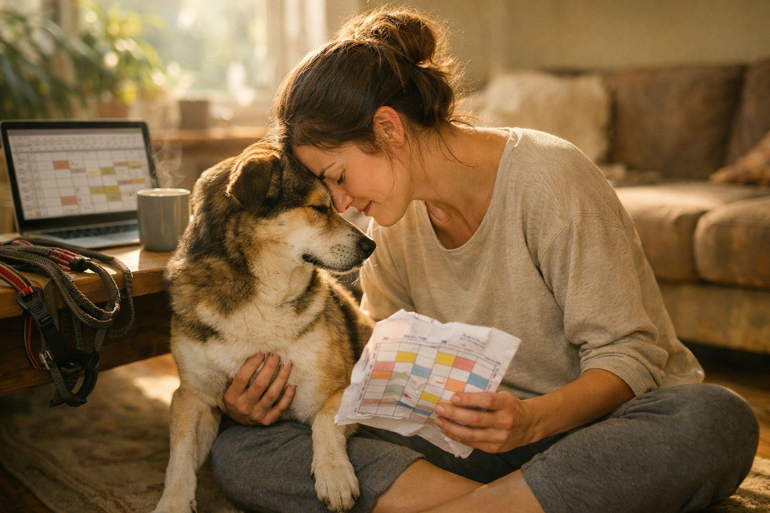 Mulher sentada no chão com um cão, tocando as testas, num ambiente acolhedor com laptop e papéis.
