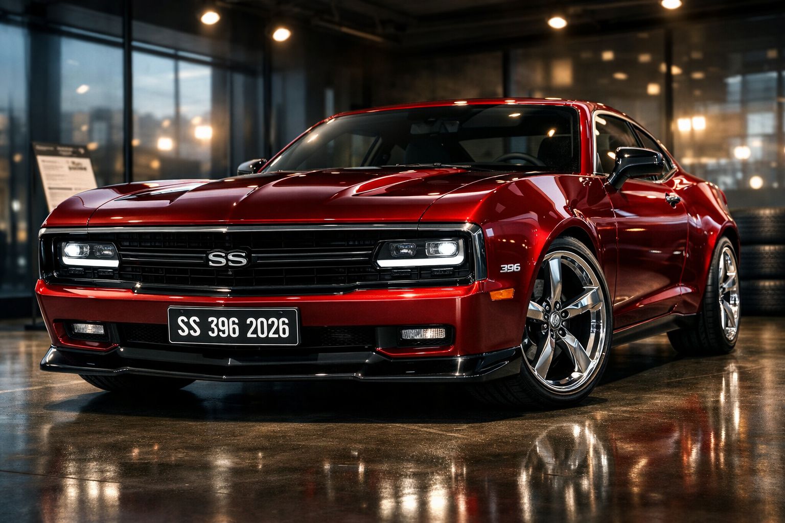 Carro desportivo vermelho SS 396 estacionado em chão brilhante num ambiente fechado com luzes refletidas.