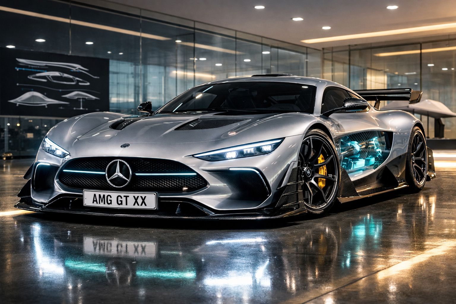 Carro desportivo Mercedes-AMG GT XX cinzento prateado num showroom com iluminação moderna e rodas pretas.