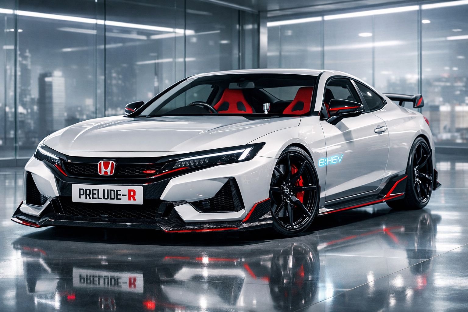 Carro desportivo Honda Prelude-R branco com detalhes vermelhos e interior vermelho, em showroom moderno com chão refletor.