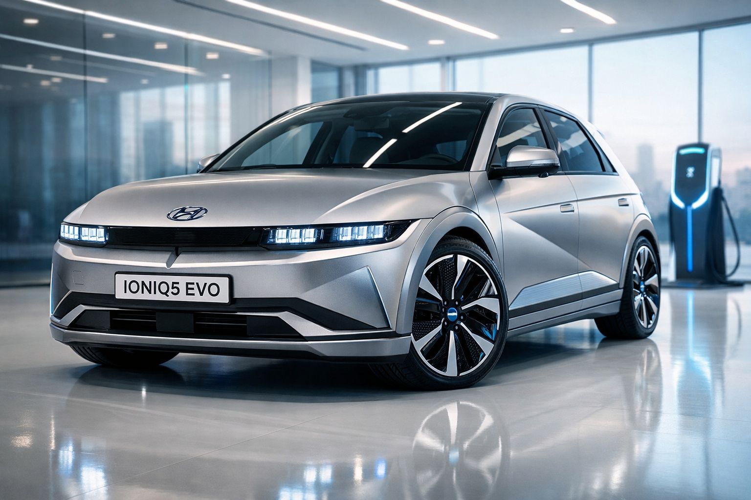 Carro elétrico Hyundai IONIQ 5 EVO cinzento num interior moderno com estação de carregamento.