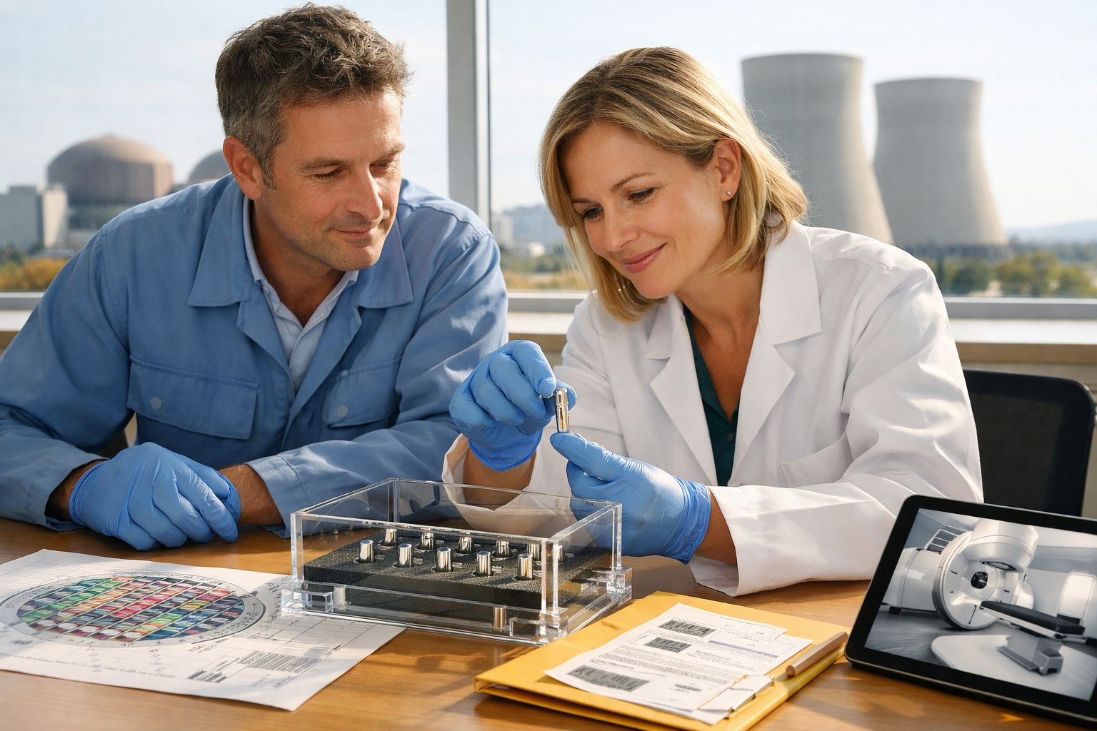 Dois cientistas em laboratório a analisar amostras metálicas enquanto discutem resultados.
