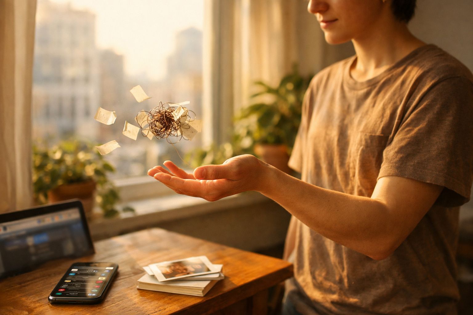 Pessoa a controlar fios e papéis flutuantes com a mão num ambiente com luz natural e plantas.